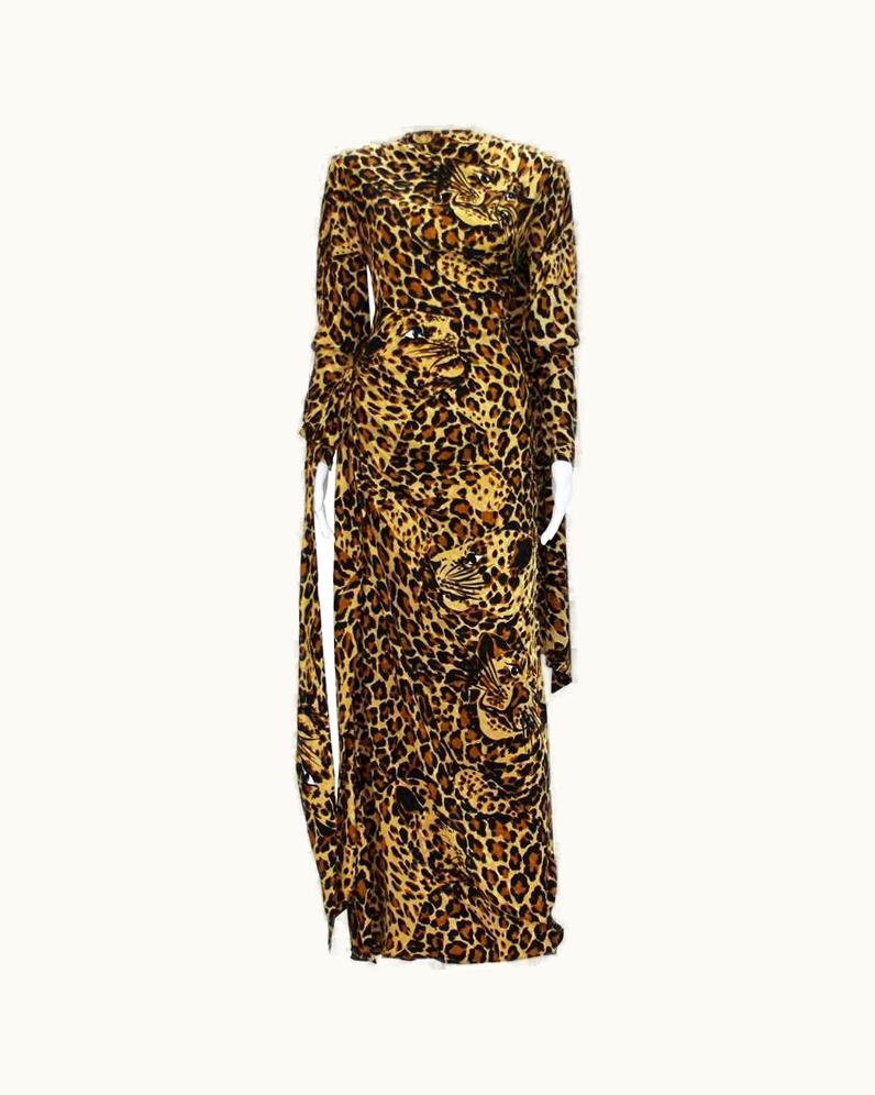 Saint Laurent Yves Saint Laurent Runway AW 1982/83 Leopard Silk Gown With High Slit Scarf Fr