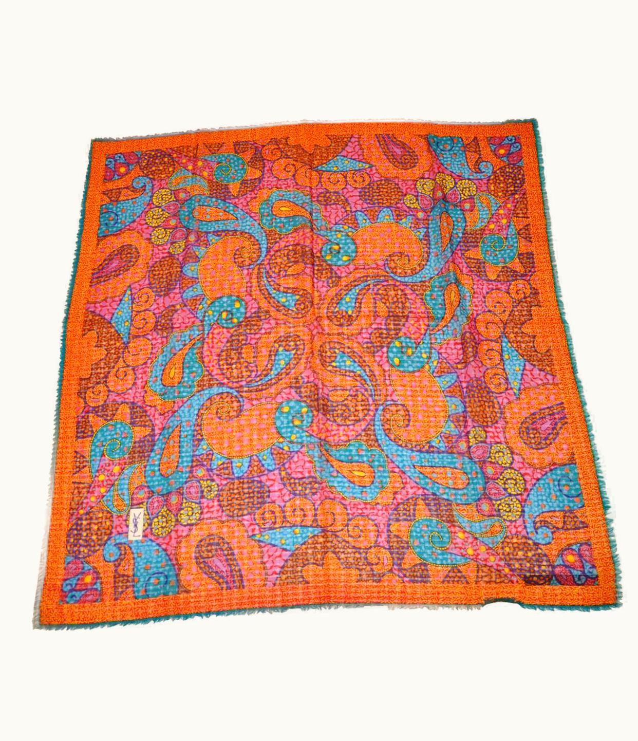 Saint Laurent Yves Saint Laurent Whimsical Multi-Color Bold Palsey Wool Challis Fringe Scarf