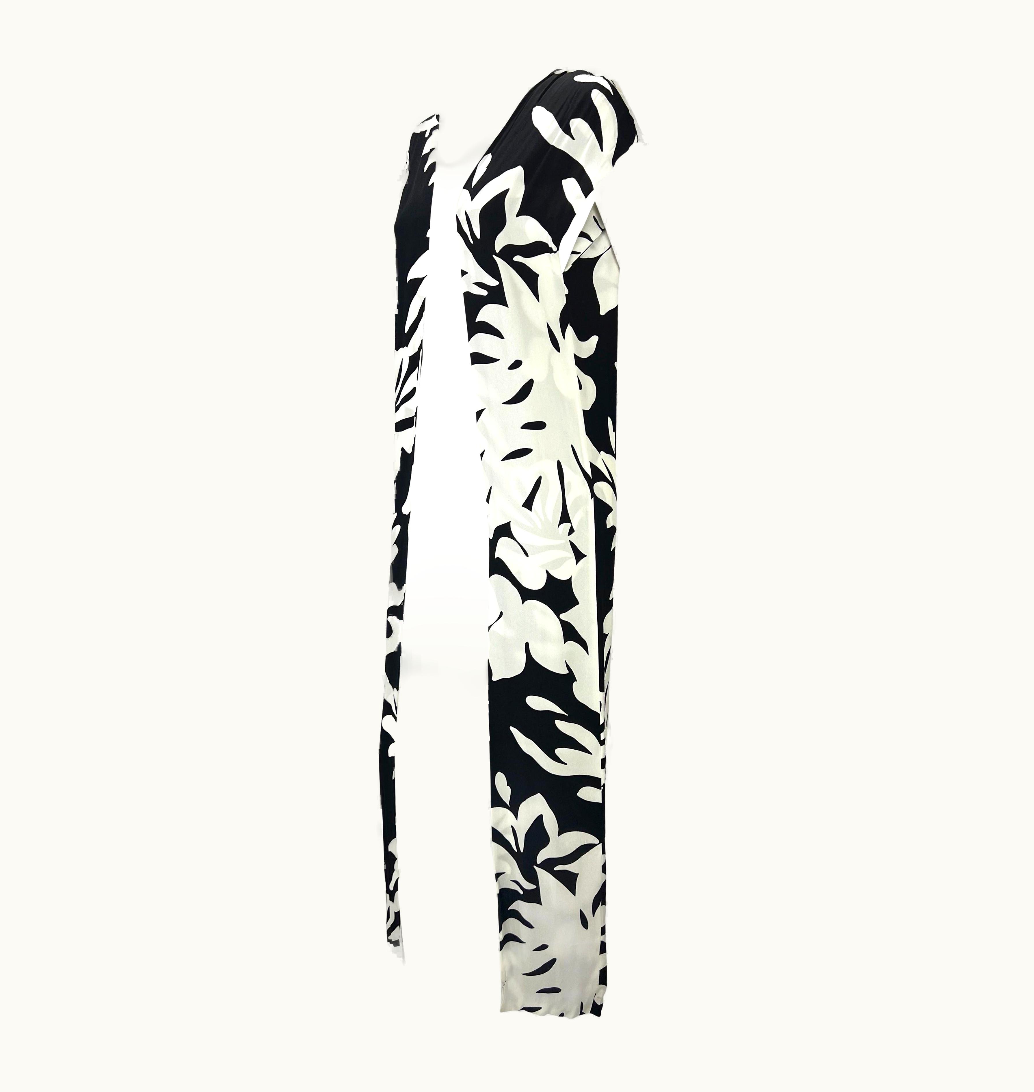 Saint Laurent S/S 1985 Saint Laurent Rive Gauche Black White Leaf Print Cap Sleeve Duster