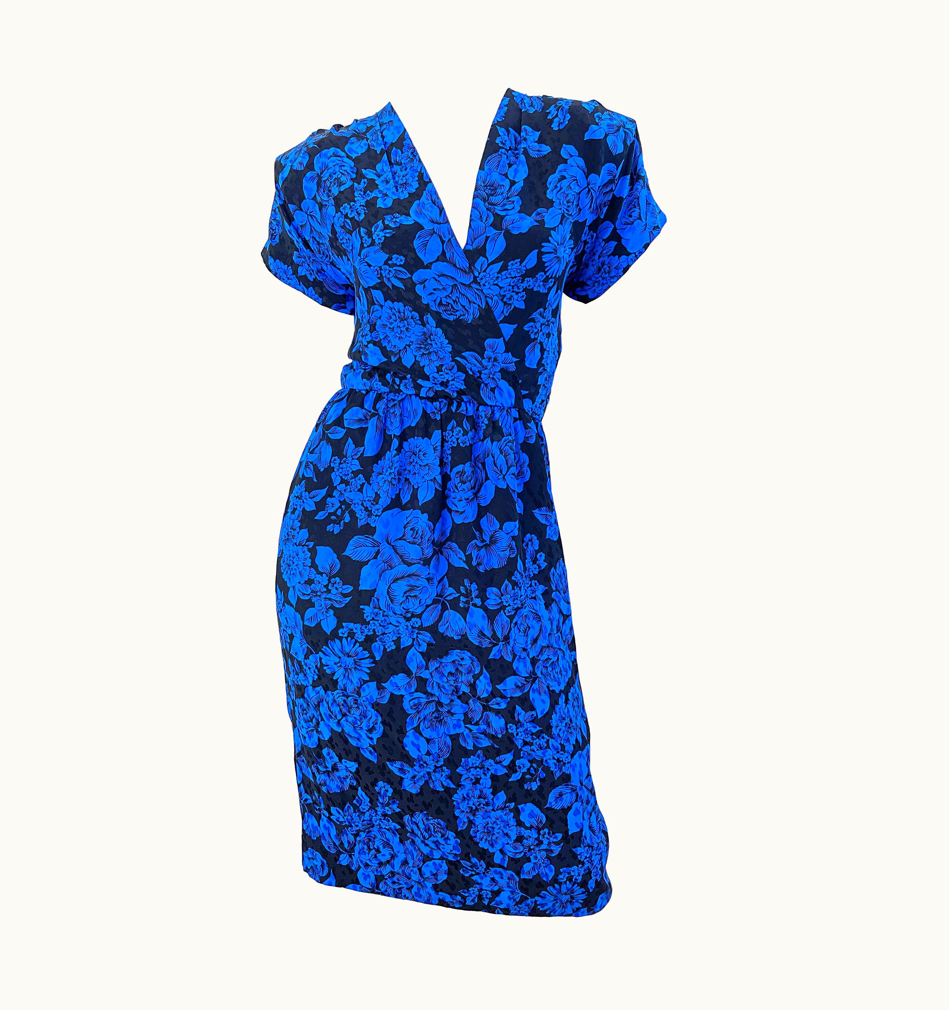Saint Laurent 1980s Yves Saint Laurent Blue Black Floral Print Vintage 80s Silk Dress
