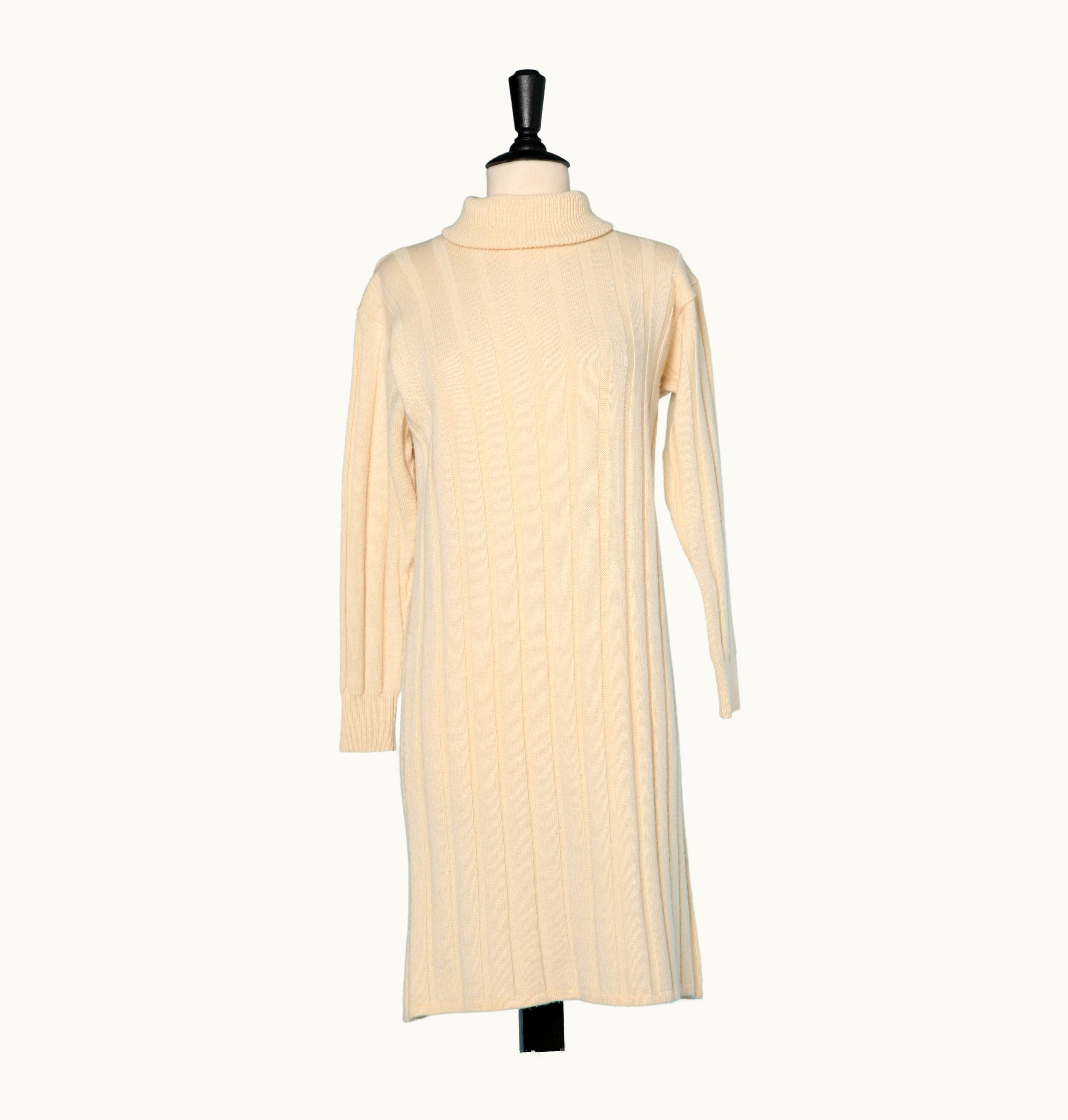 Saint Laurent Off-white Wool Knit Dress With Turtle Neck Yves Saint Laurent Tricot