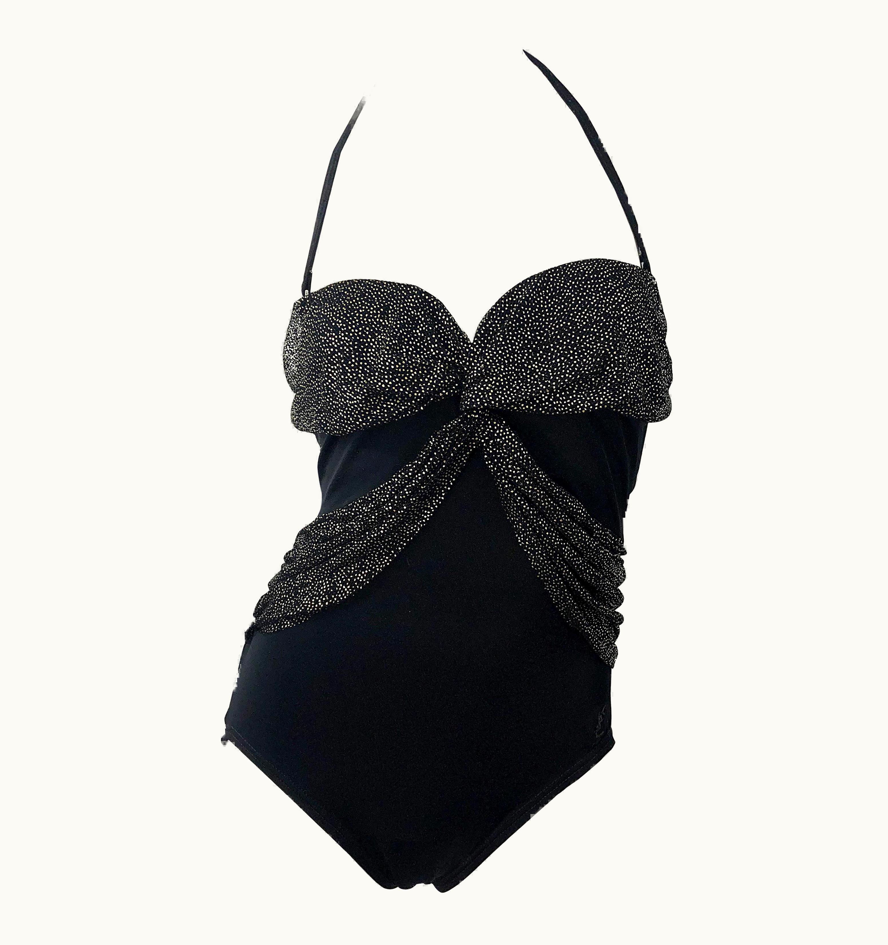 Saint Laurent 1980s Yves Saint Laurent Black S/S Gold One Piece Halter Swimsuit Bodysuit