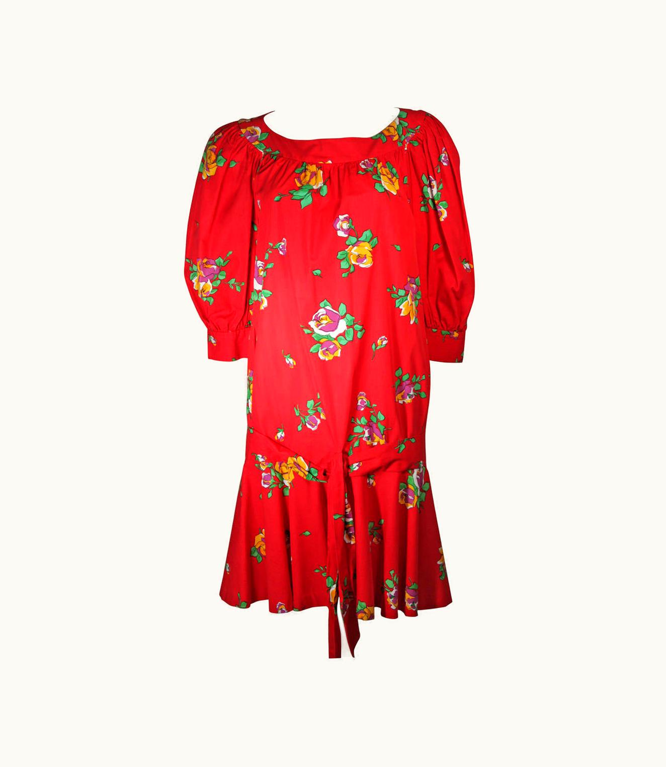 Saint Laurent Yves Saint Laurent Red Cotton Drop Waist Dress With Floral Motif