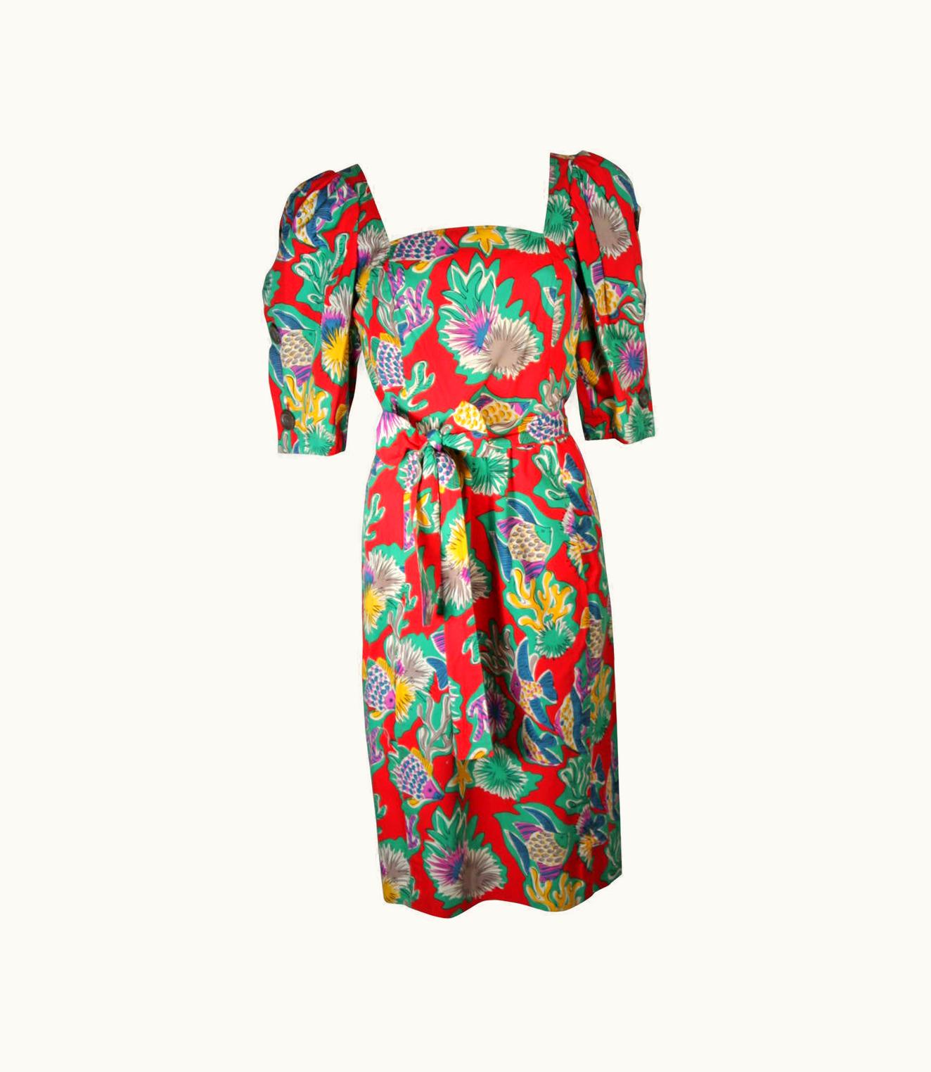 Saint Laurent Yves Saint Laurent Red Cotton Belted Dress With Reef Life Pattern