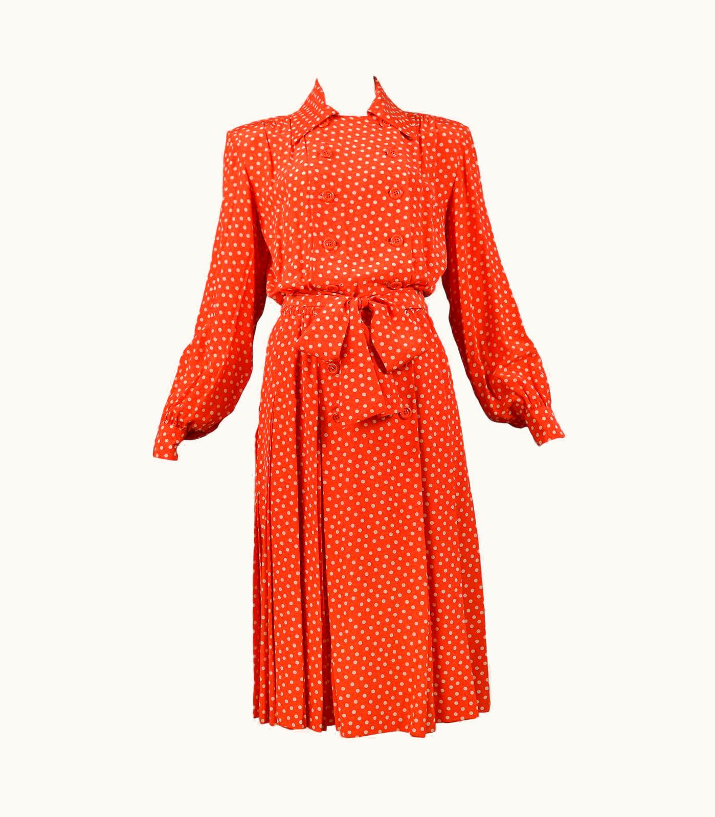 Saint Laurent Vintage Yves Saint Laurent Red & White Dot Double Breasted Silk Dress With Sash