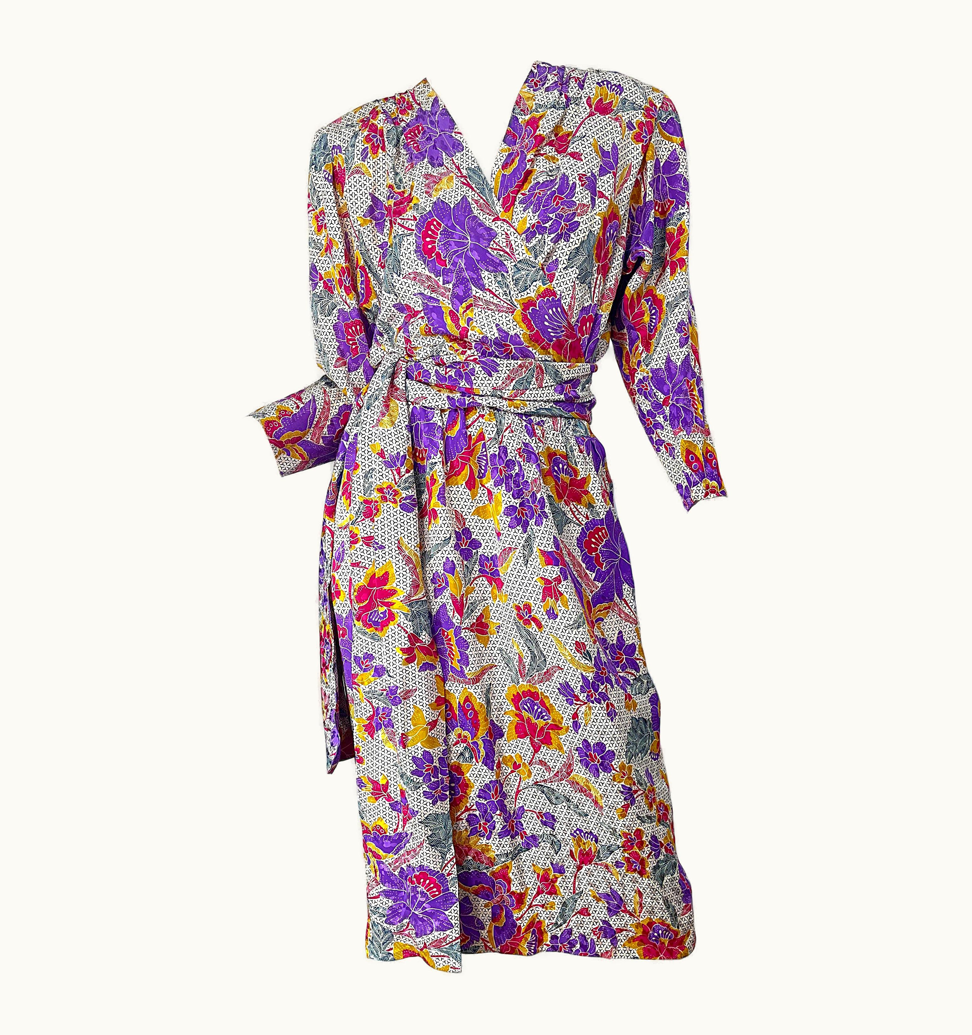 Saint Laurent 1980s Yves Saint Laurent YSL S/S 12 Flower Logo Print Silk 80s Wrap Dress