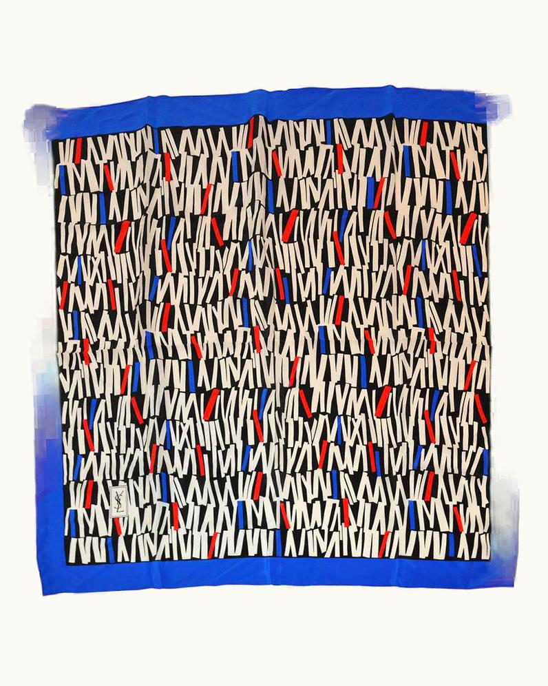 Saint Laurent Yves Saint Laurent Multi Black, White, Red & Blaue Silk Crepe Di Chine Scarf