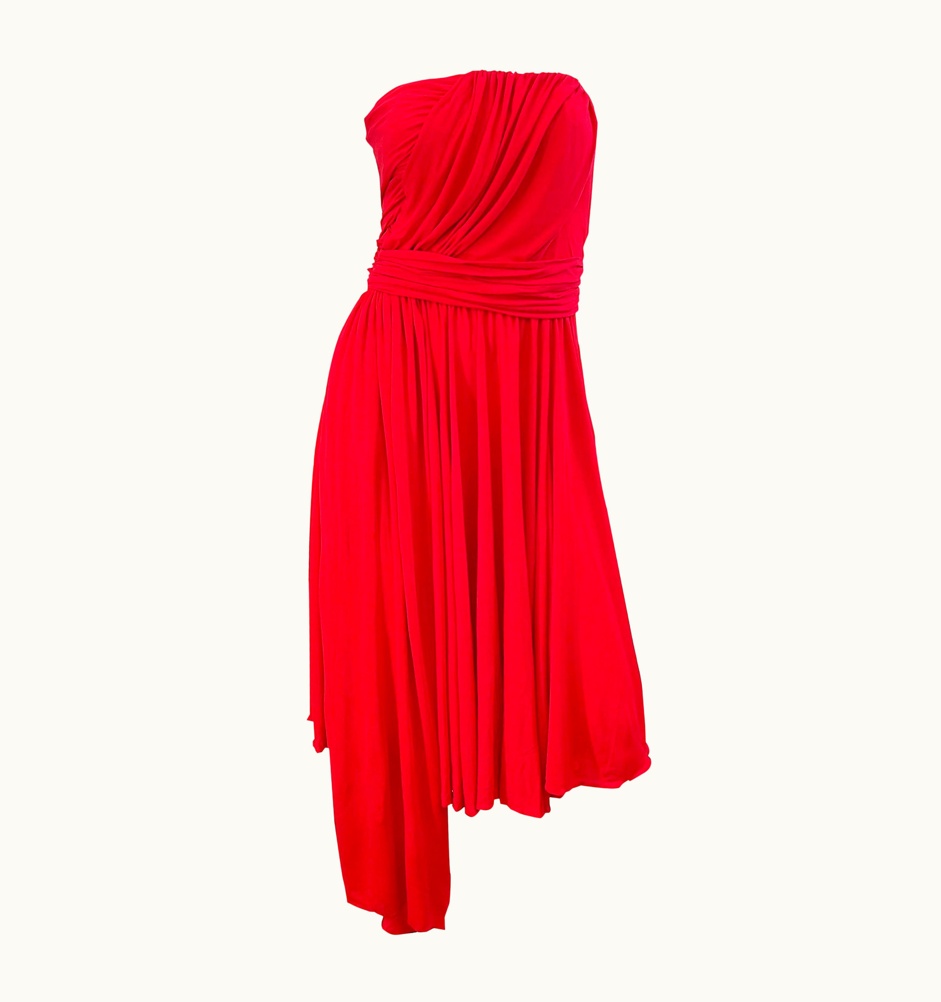 Saint Laurent Runway Yves Saint Laurent S/S 1989 Lipstick Red Rayon Jersey Strapless 80s Dress