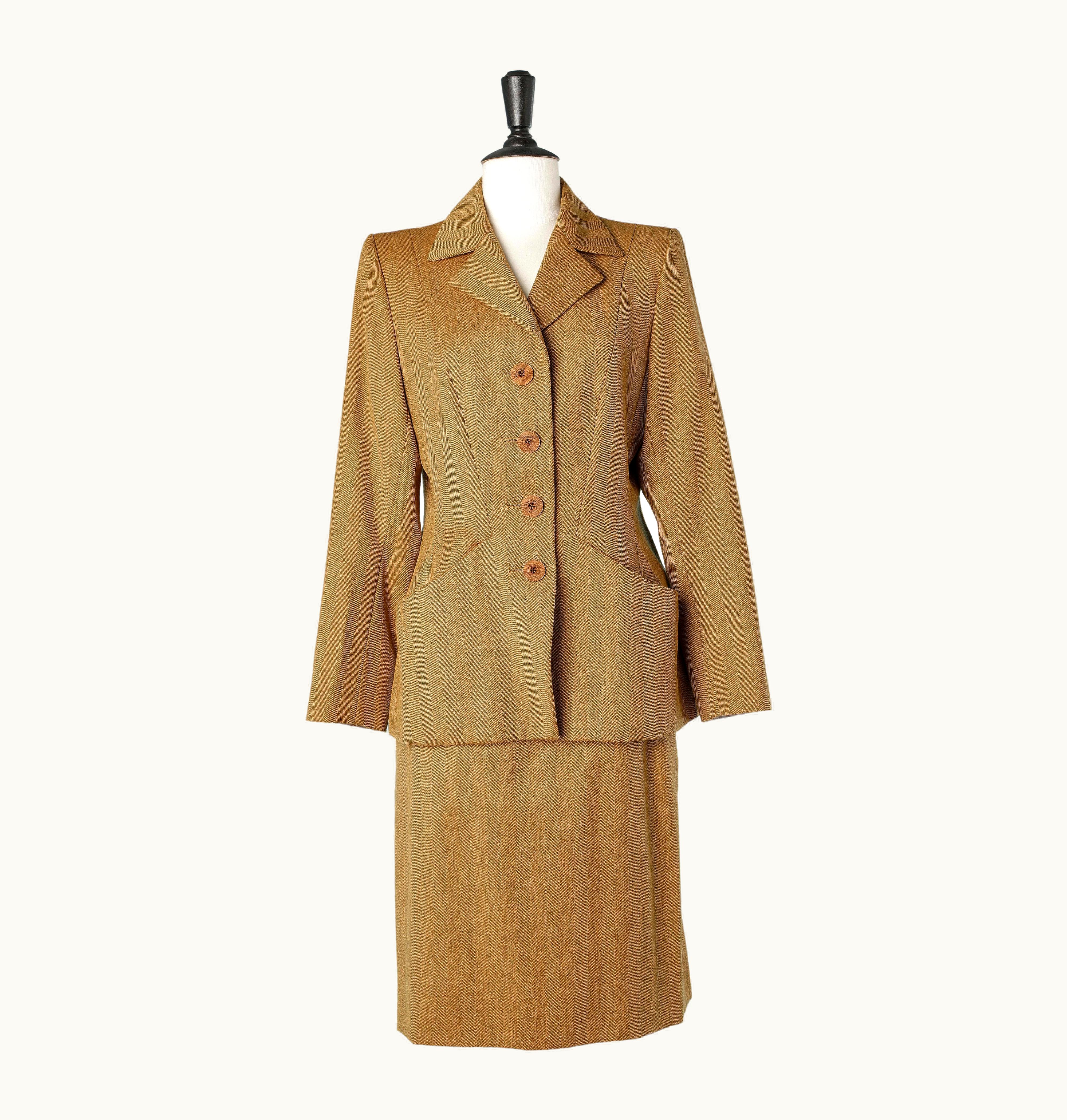 Saint Laurent Ocher Wool Chevron Pattern Skirt-suit Yves Saint Laurent Rive Gauche