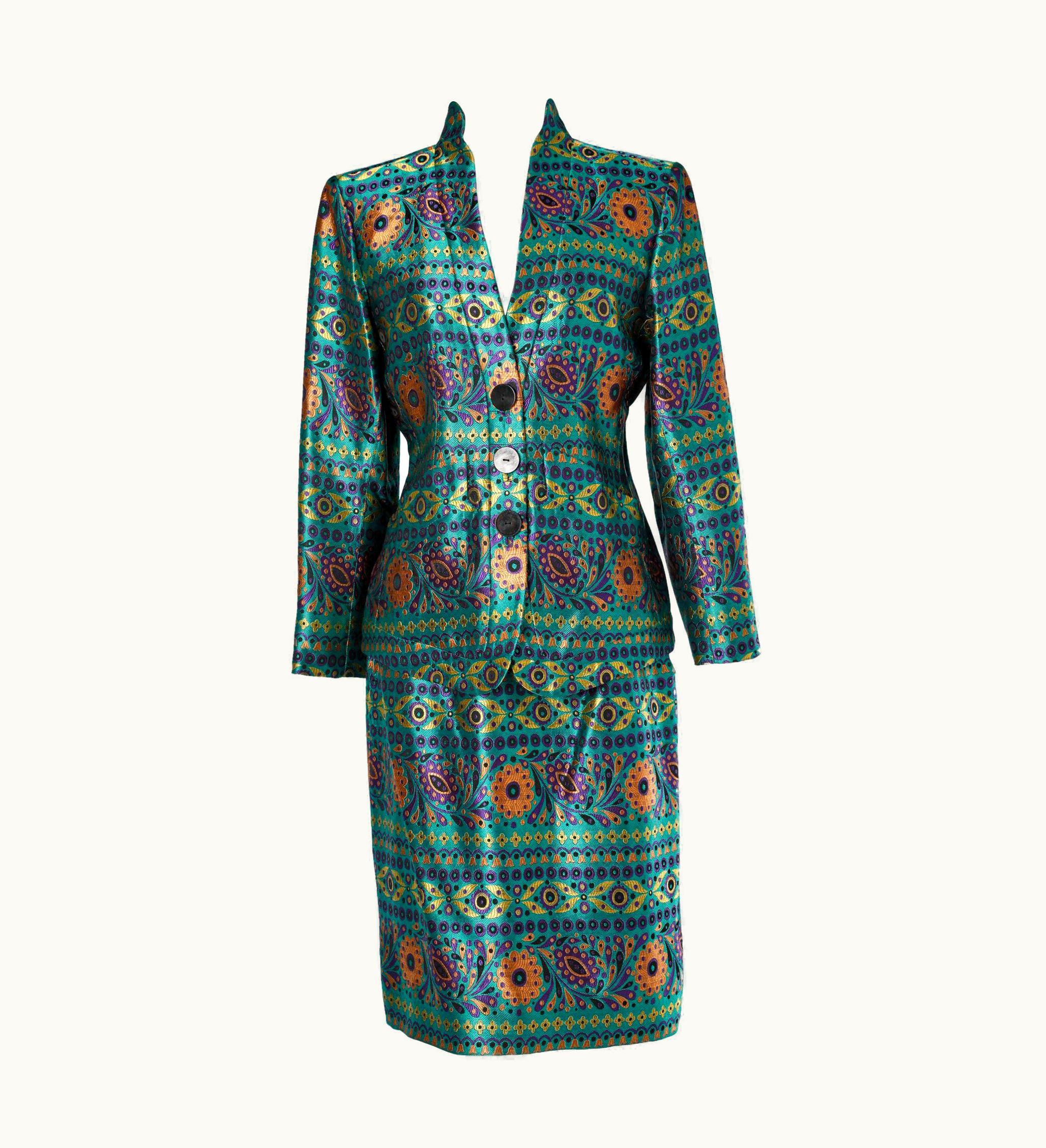 Saint Laurent Green Silk Brocard Skirt Suit Yves Saint Laurent Rive Gauche