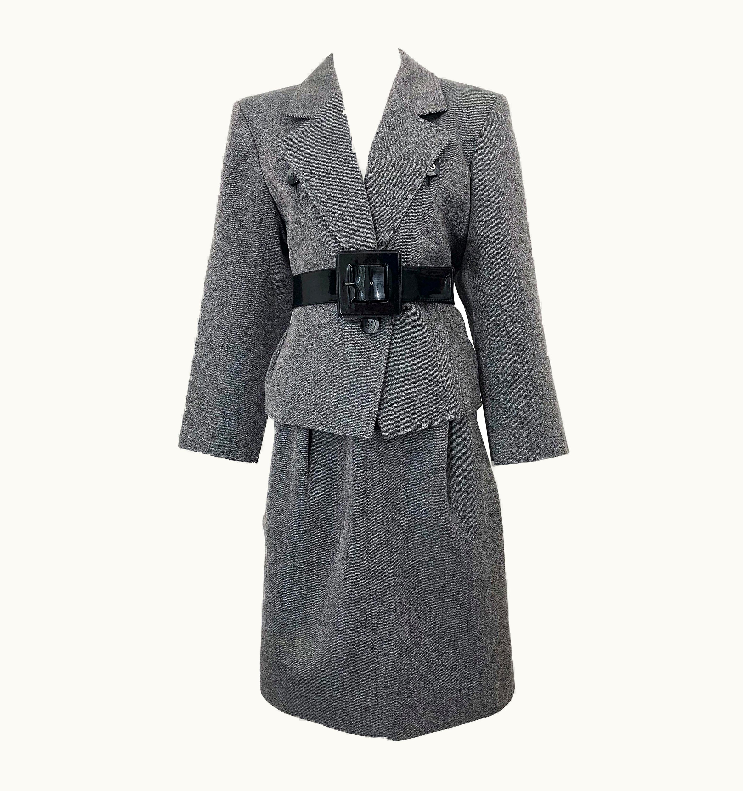 Saint Laurent Vintage Yves Saint Laurent S/S 14 Grey Wool Belted Skirt Suit YSL 1980s