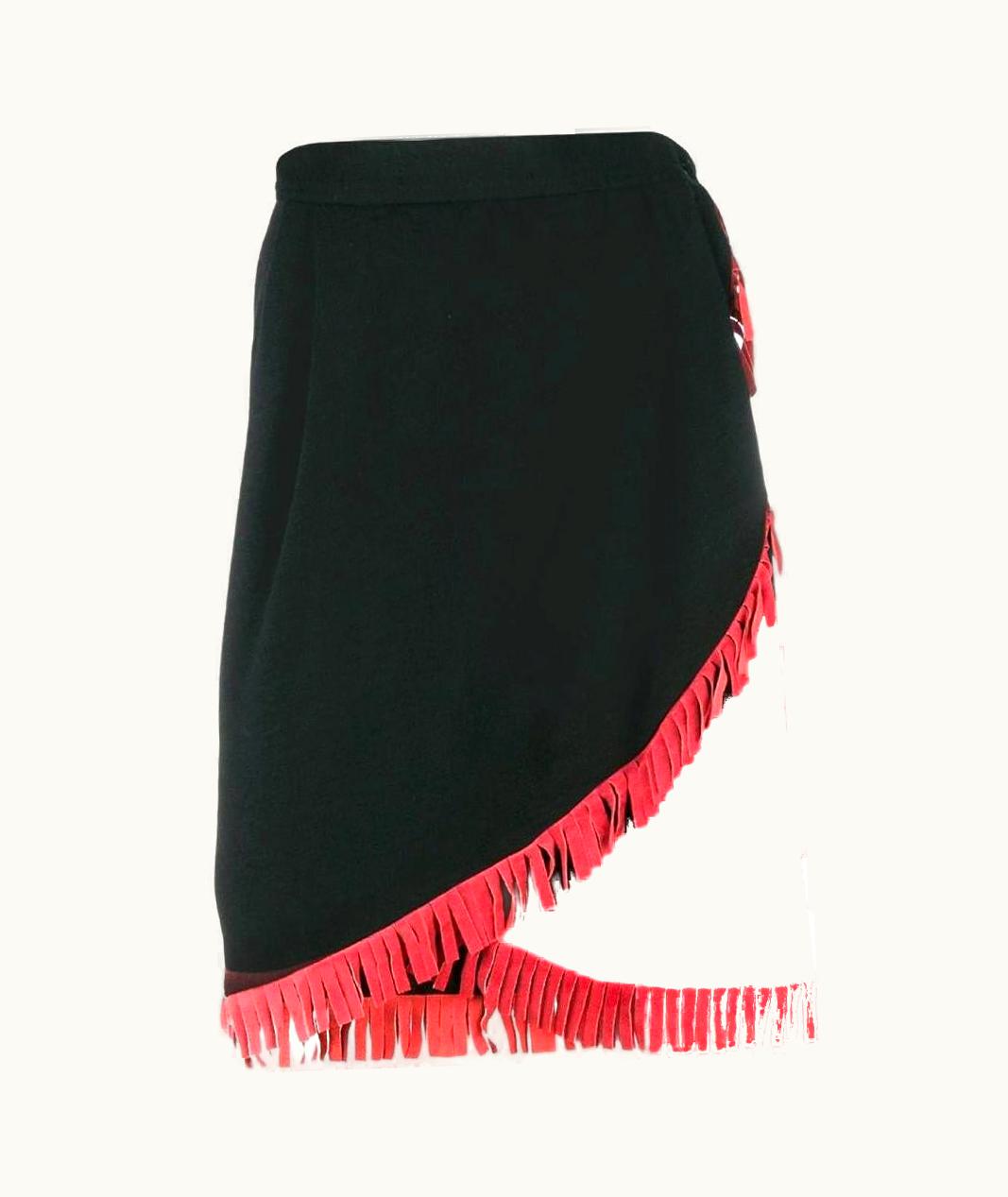 Saint Laurent 80s Yves Saint Laurent Vintage Black Wool Skirt With Red Suede Fringes