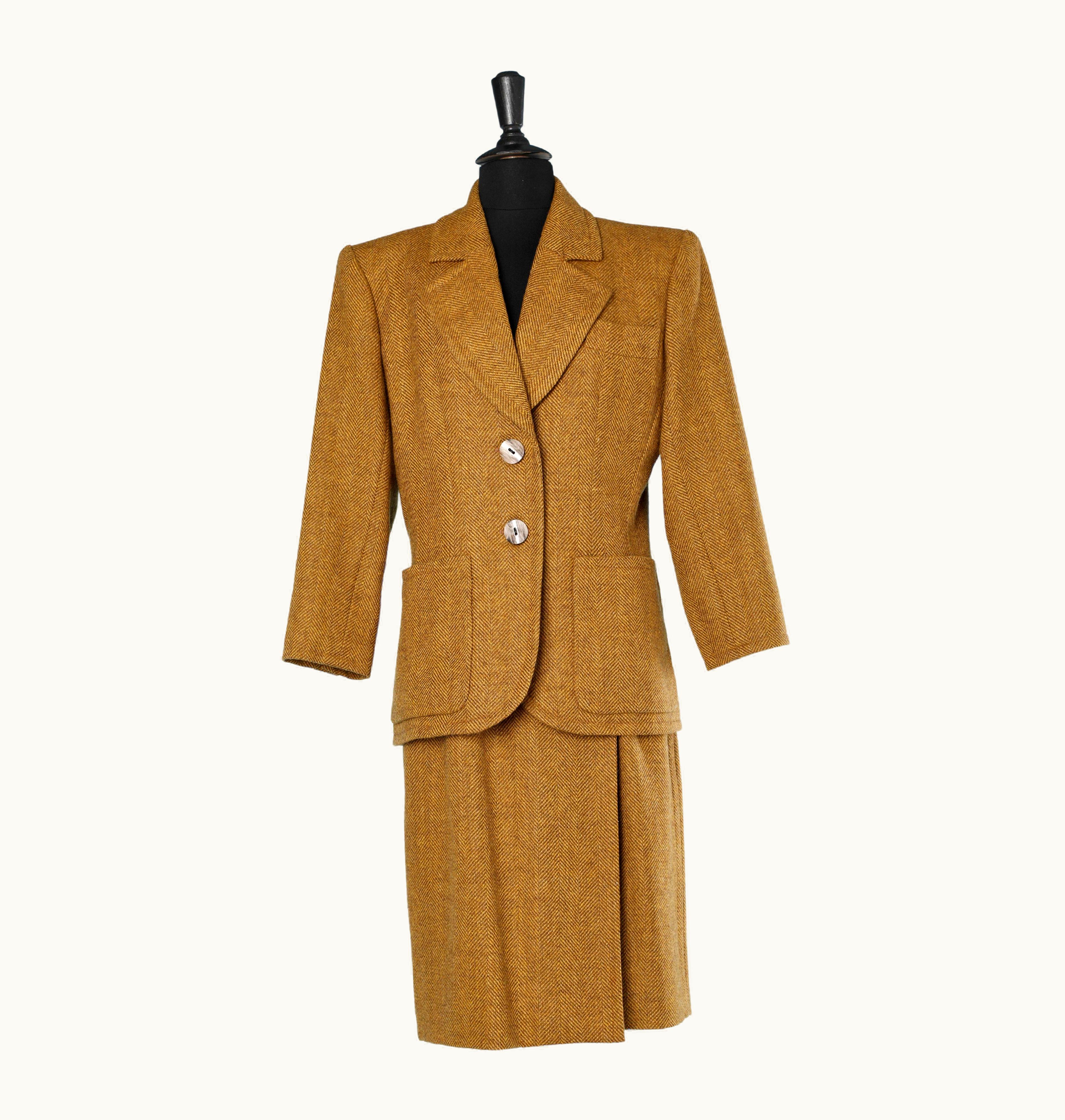 Saint Laurent Ocher Wool Chevron Skirt- Suit Yves Saint Laurent Rive Gauche