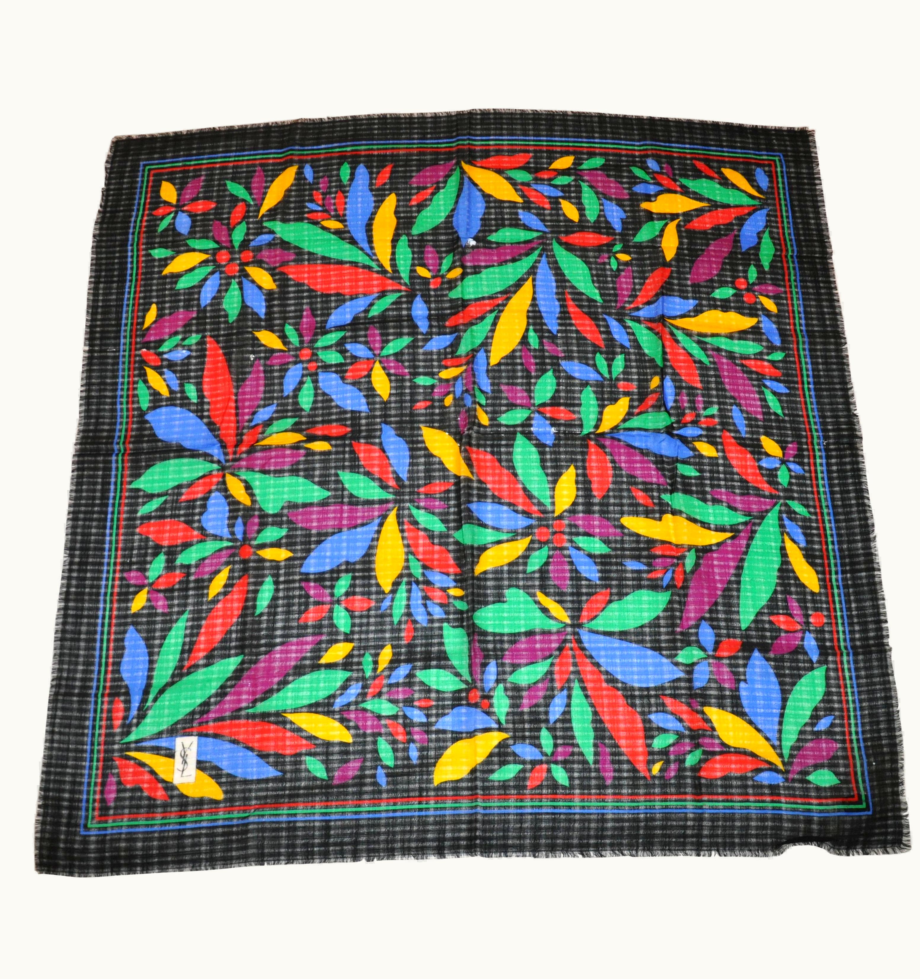 Saint Laurent Yves Saint Laurent Black With Multi Color Block Floral Wool Challis Fringe Scarf