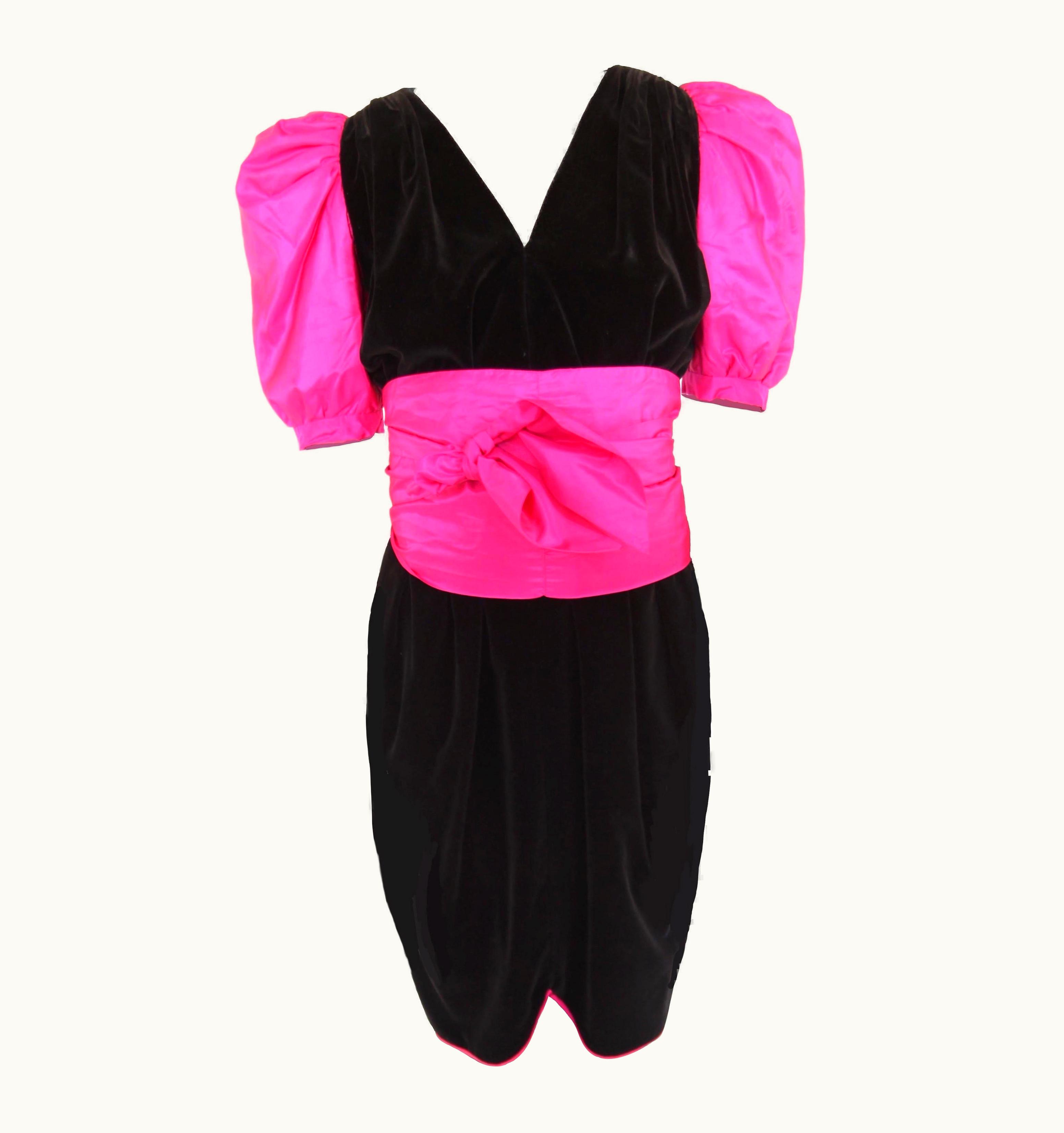 Saint Laurent Yves Saint Laurent Black Velvet Evening Dress Fuchsia Taffeta Sleeves, C.1980s