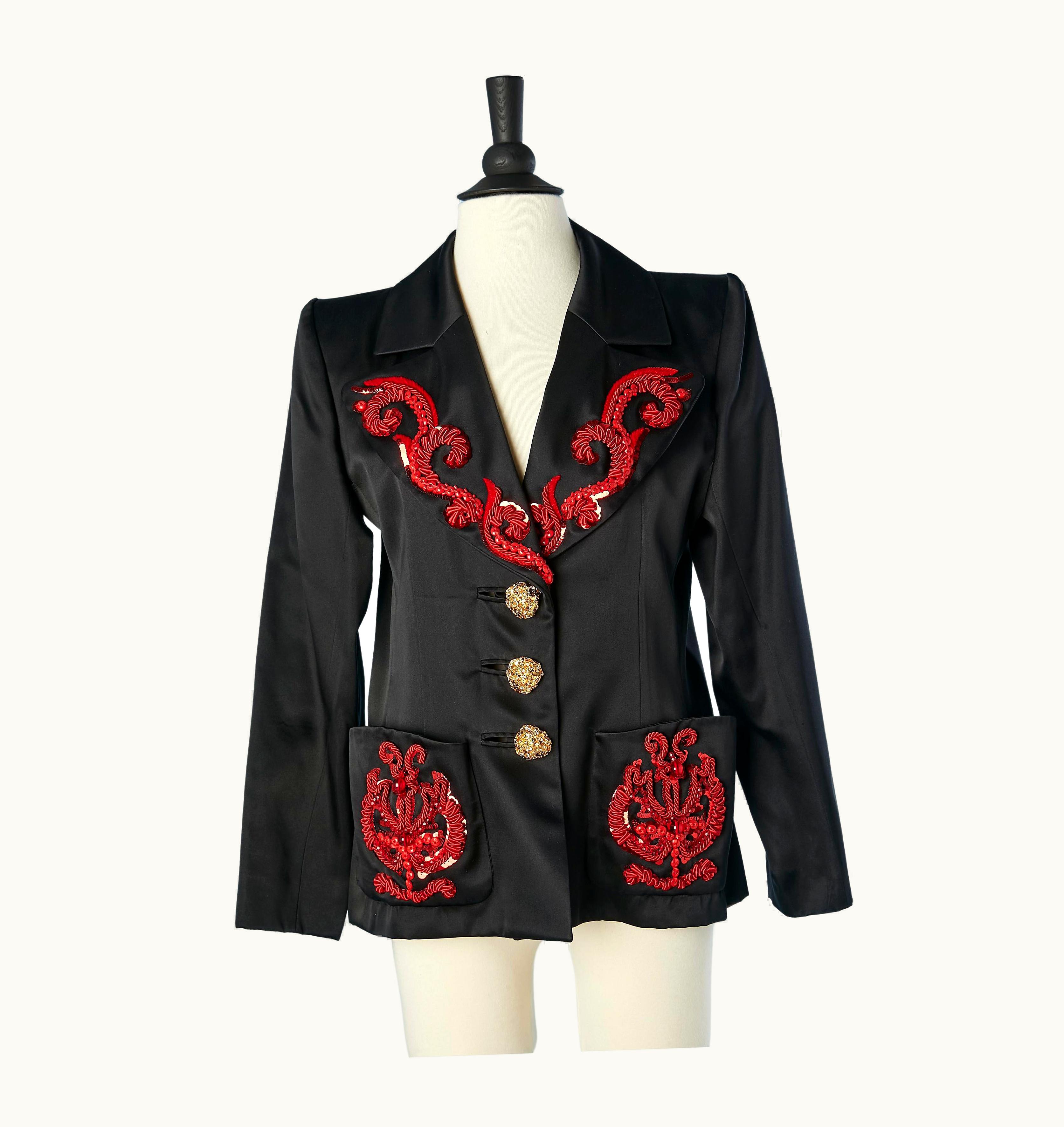 Saint Laurent Black Satin Evening Jacket With Red Embroideries Yves Saint Laurent Rive Gauche