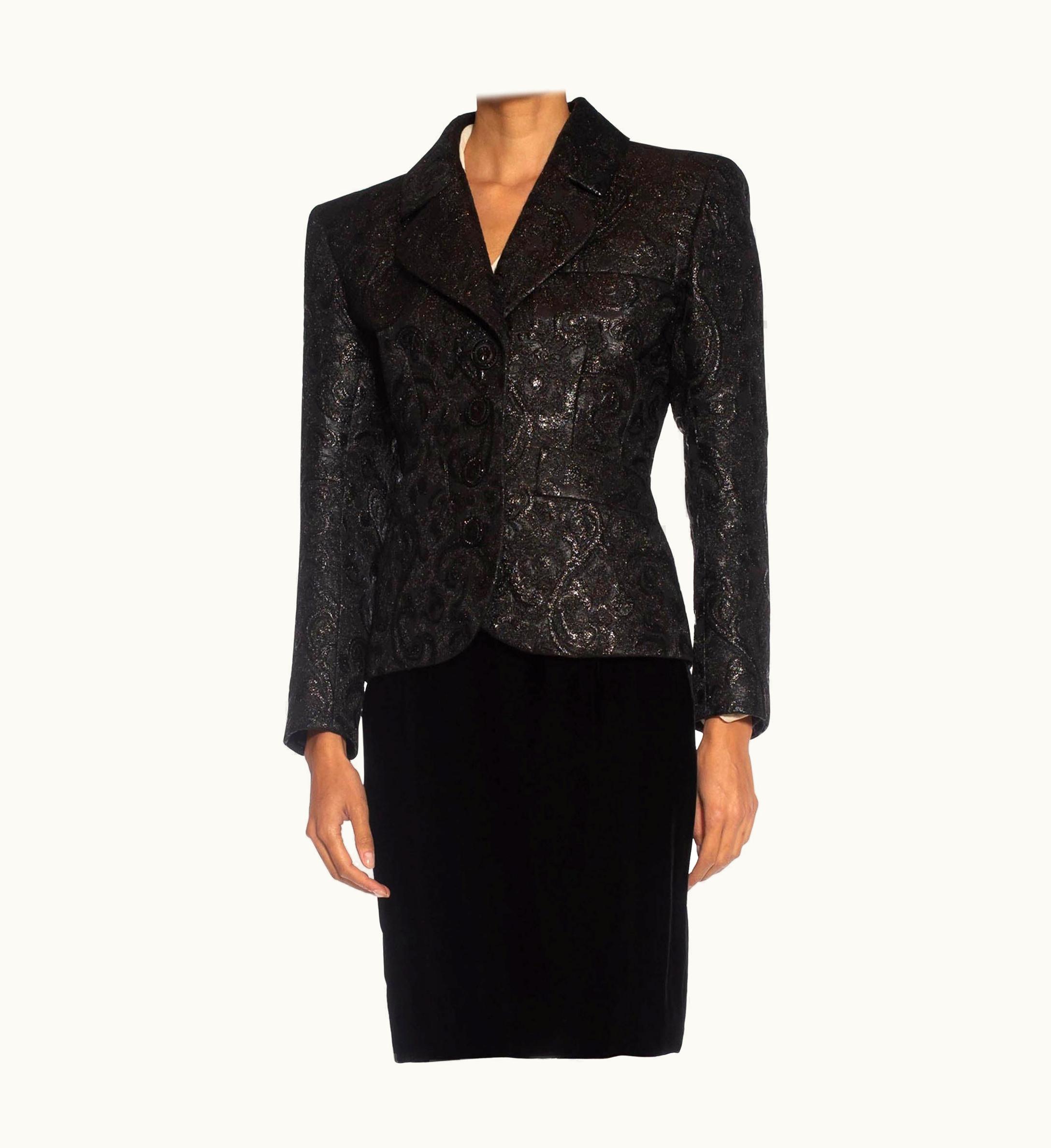Saint Laurent 1980s Yves Saint Laurent Black Haute Couture Silk & Lurex Matelassé Suit With V