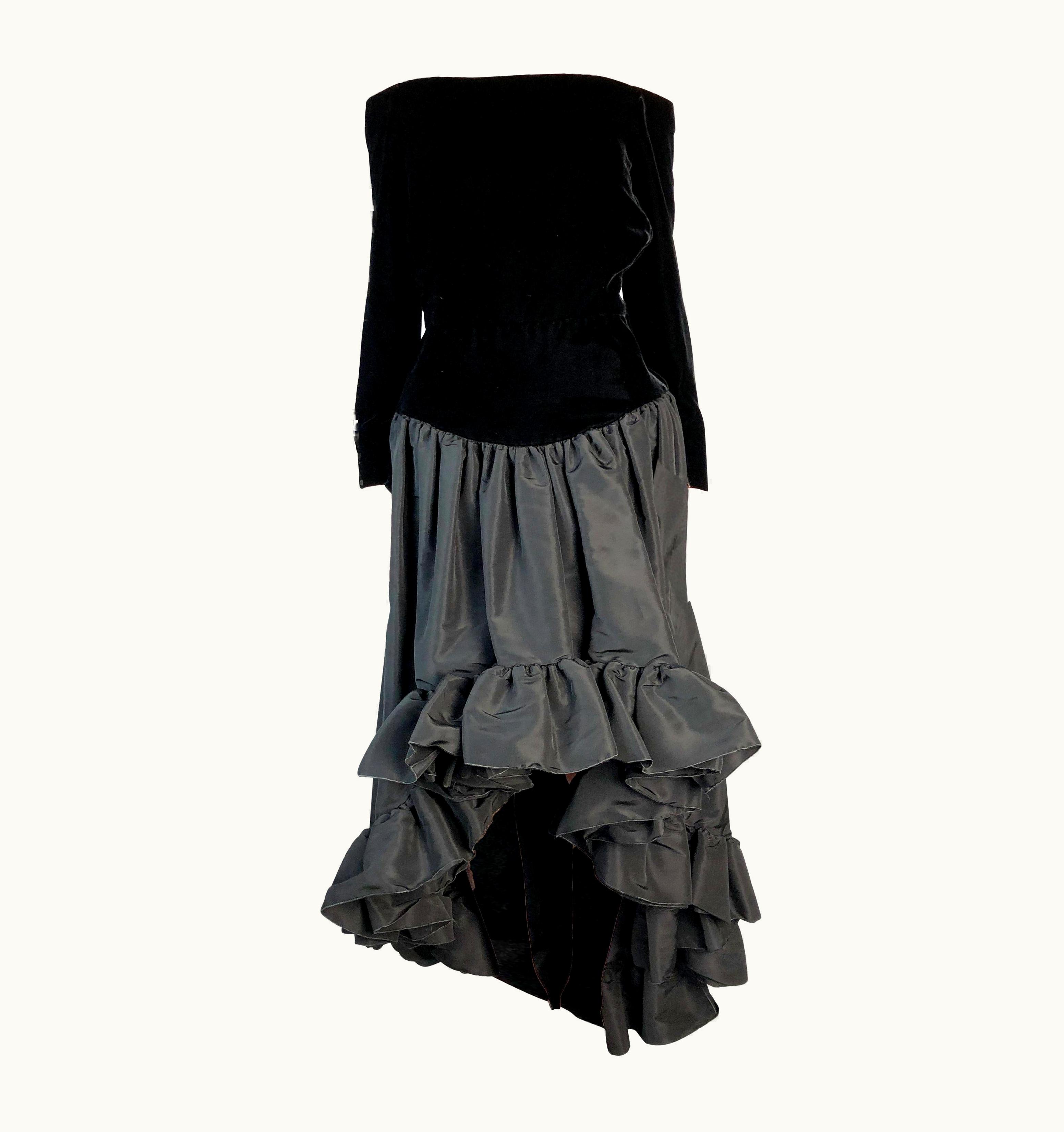 Saint Laurent Saint Laurent Black Silk Velvet And Taffeta High-low Hem Evening Gown 1988