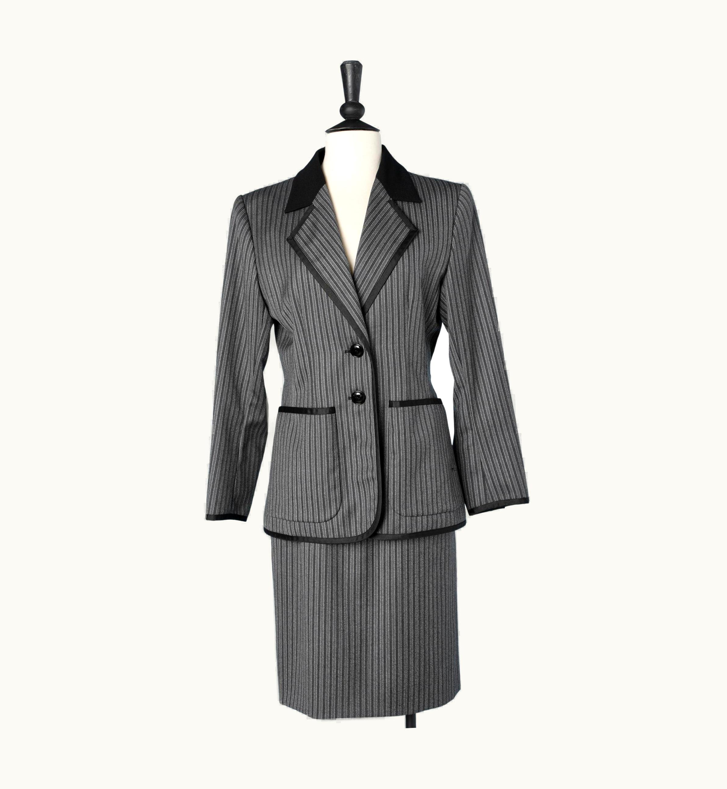 Saint Laurent Black And Grey Wool Striped Skirt - Suit Yves Saint Laurent Rive Gauche