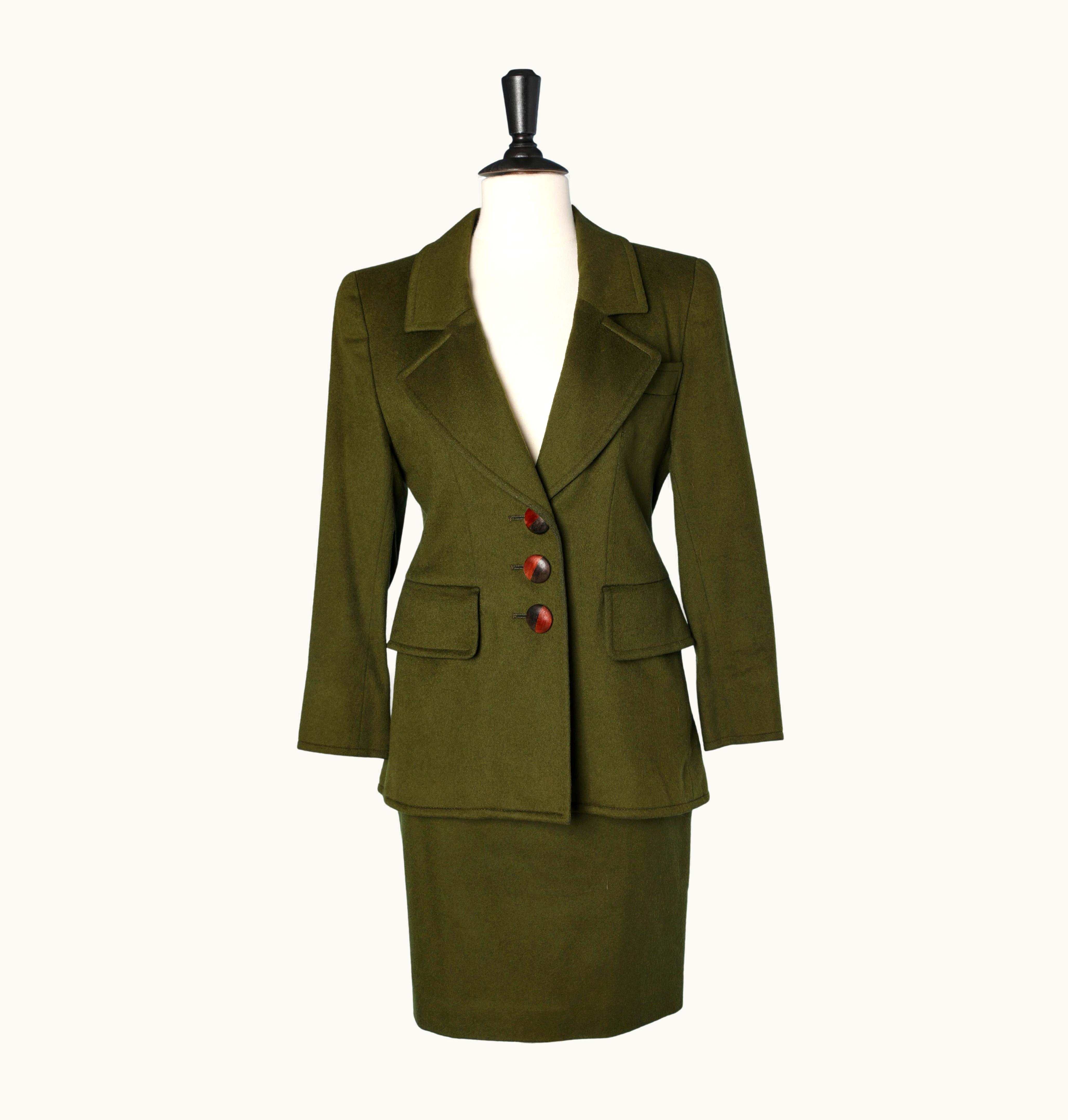 Saint Laurent Kaki Skirt- Suit In Wool With Wood Buttons Yves Saint Laurent Rive Gauche