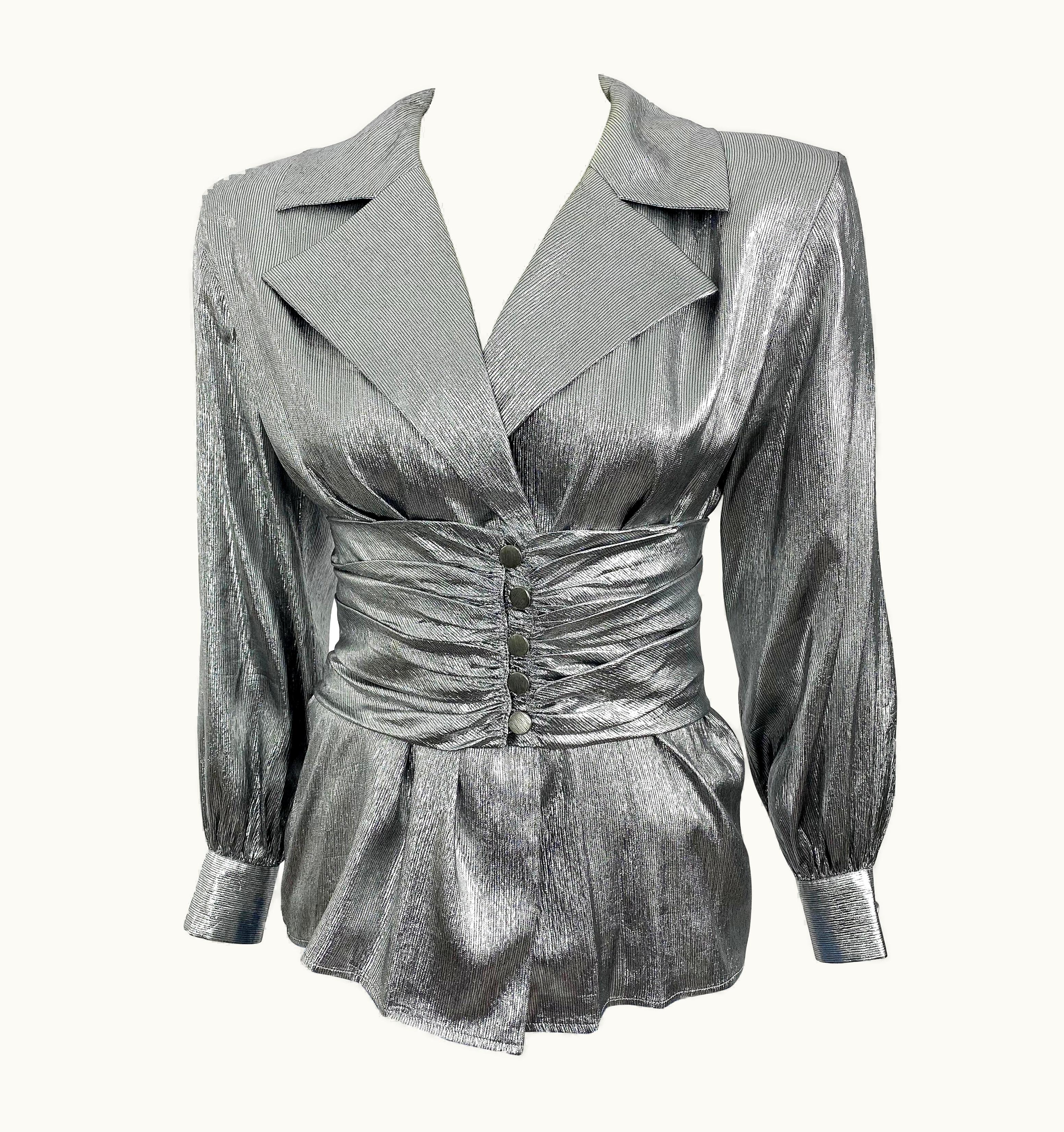 Saint Laurent Vintage Yves Saint Laurent Metallic Silver Blouse With Wide Pleated Belt YSL