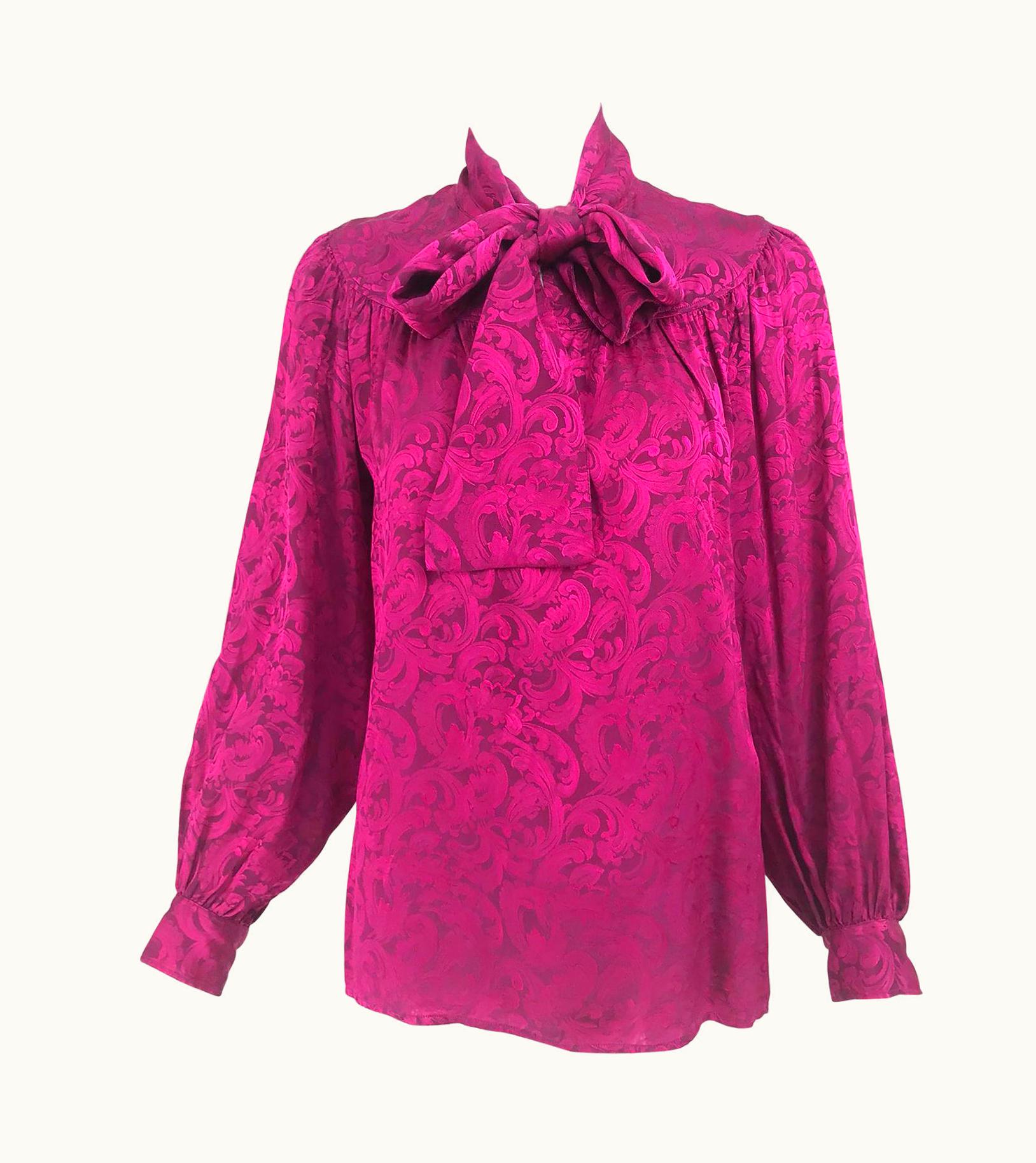 Saint Laurent Yves Saint Laurent Fuchsia Silk Jacquard Bow Tie Blouse 1980s