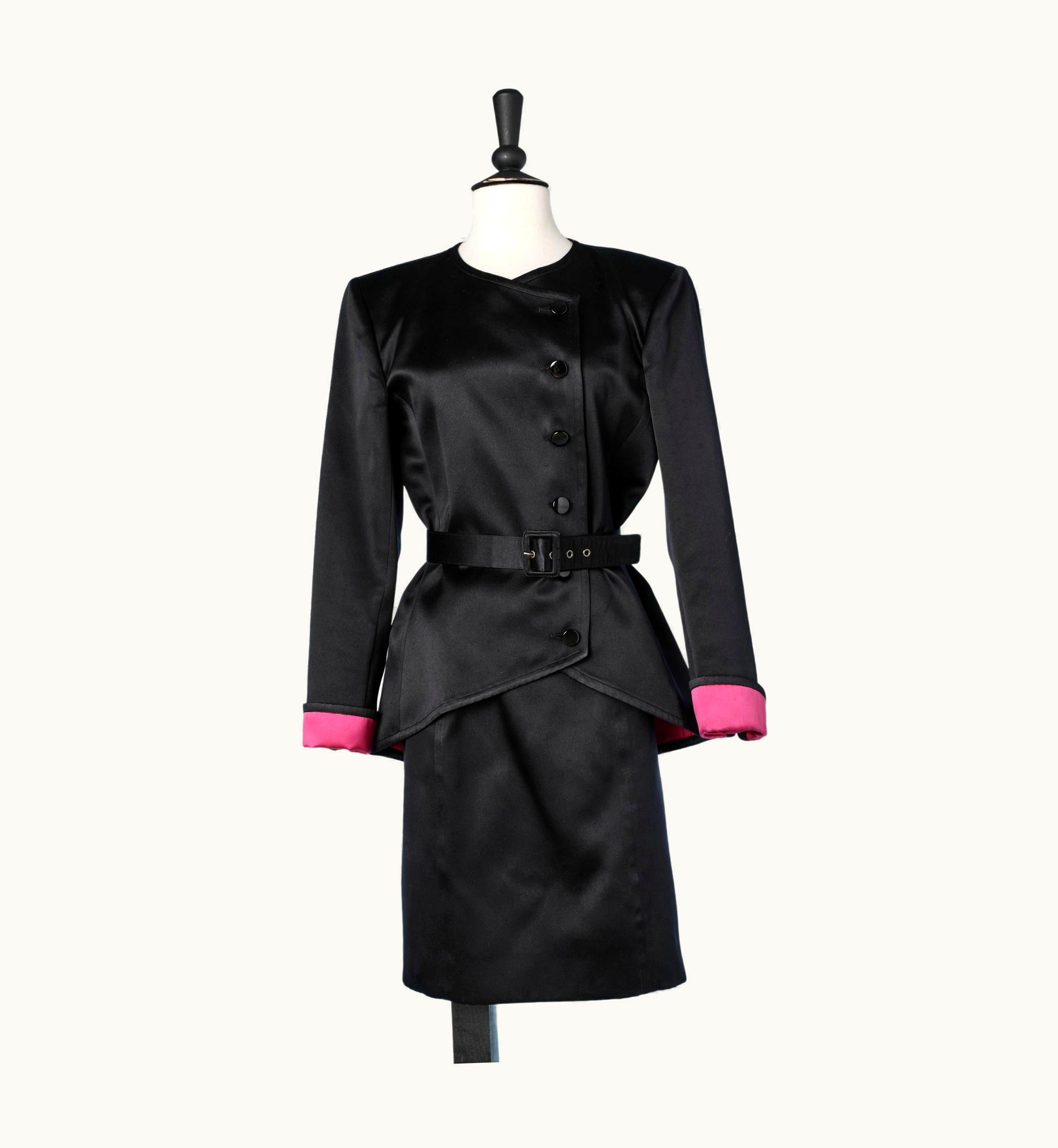 Saint Laurent Evening Black Silk Satin Skirt Suit With Fushia Lining Saint Laurent Rive Gauche