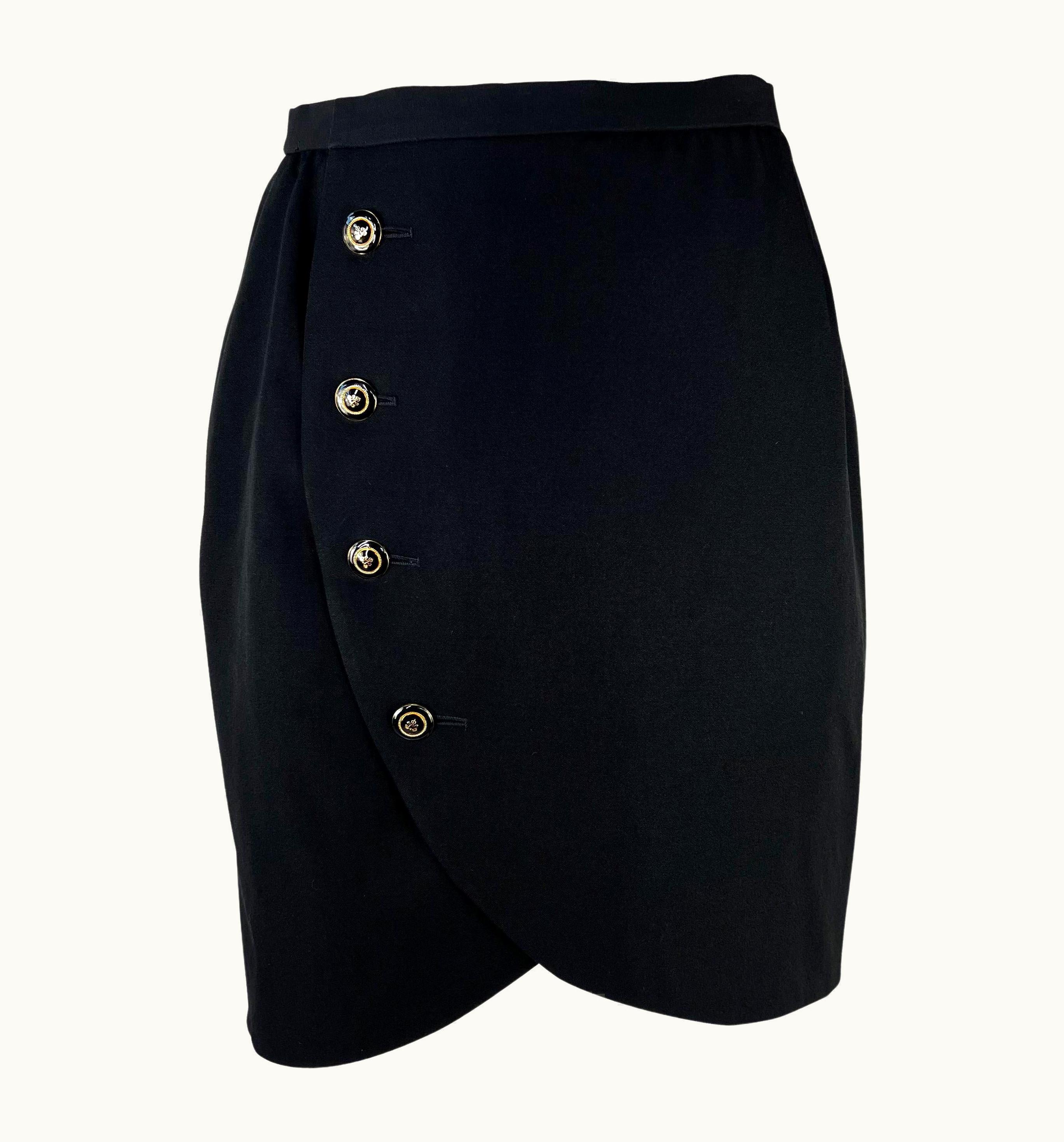 Saint Laurent S/S 1989 Yves Saint Laurent Rive Gauche Black Wool Wrap Button Skirt