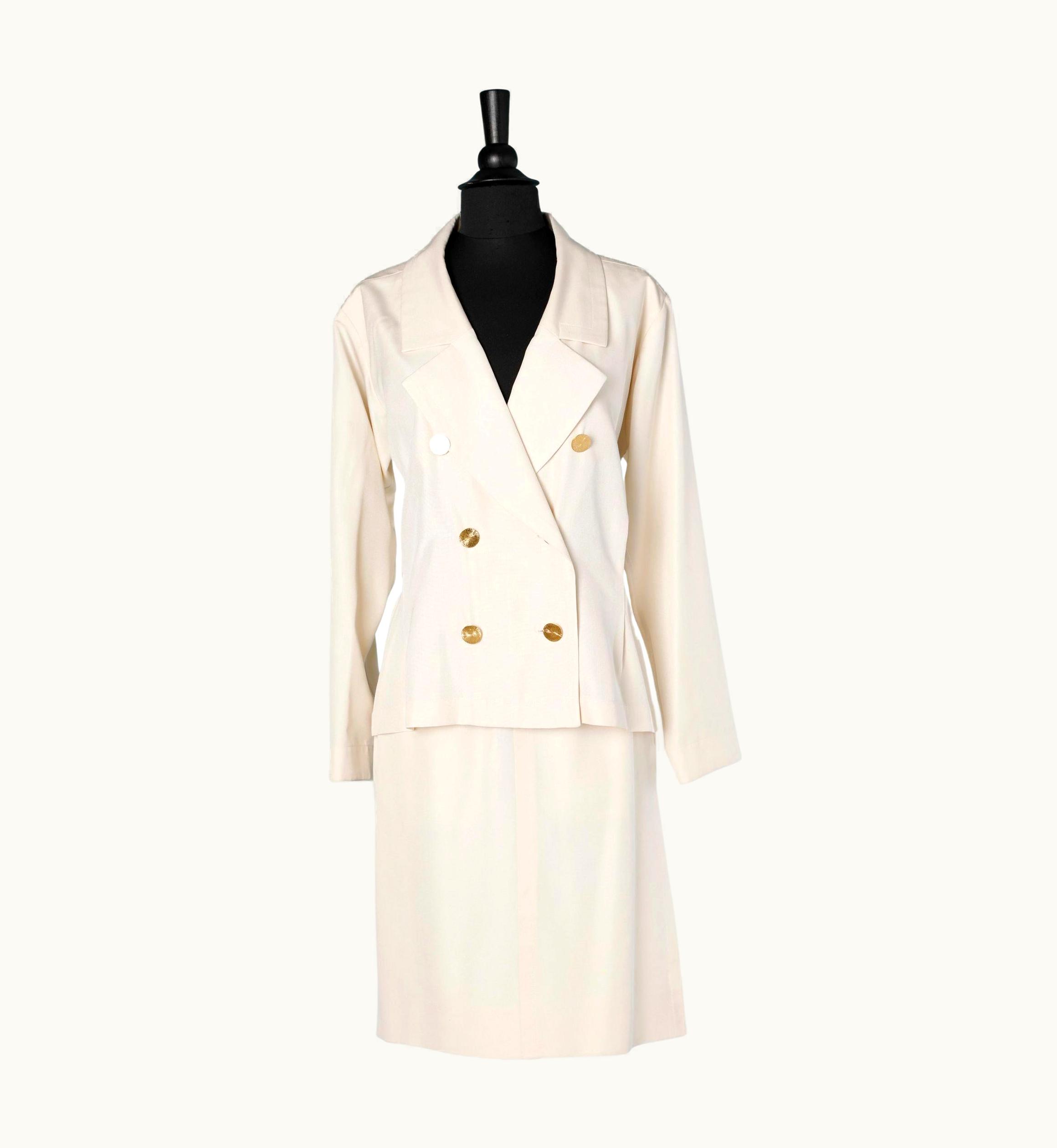 Saint Laurent Off-white Raw Silk Skirt-suit With Gold Buttons Yves Saint Laurent Rive Gauche