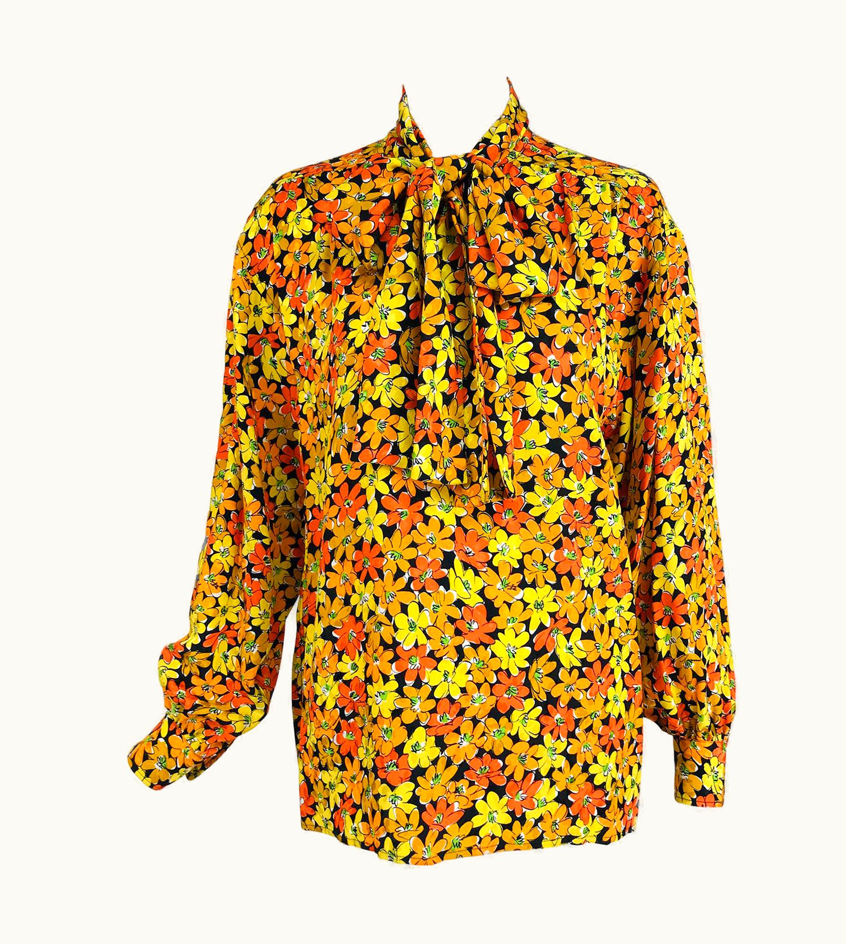 Saint Laurent Vintage Yves Saint Laurent Rive Gauche VIbrant Floral Silk Print Bow Tie Blouse