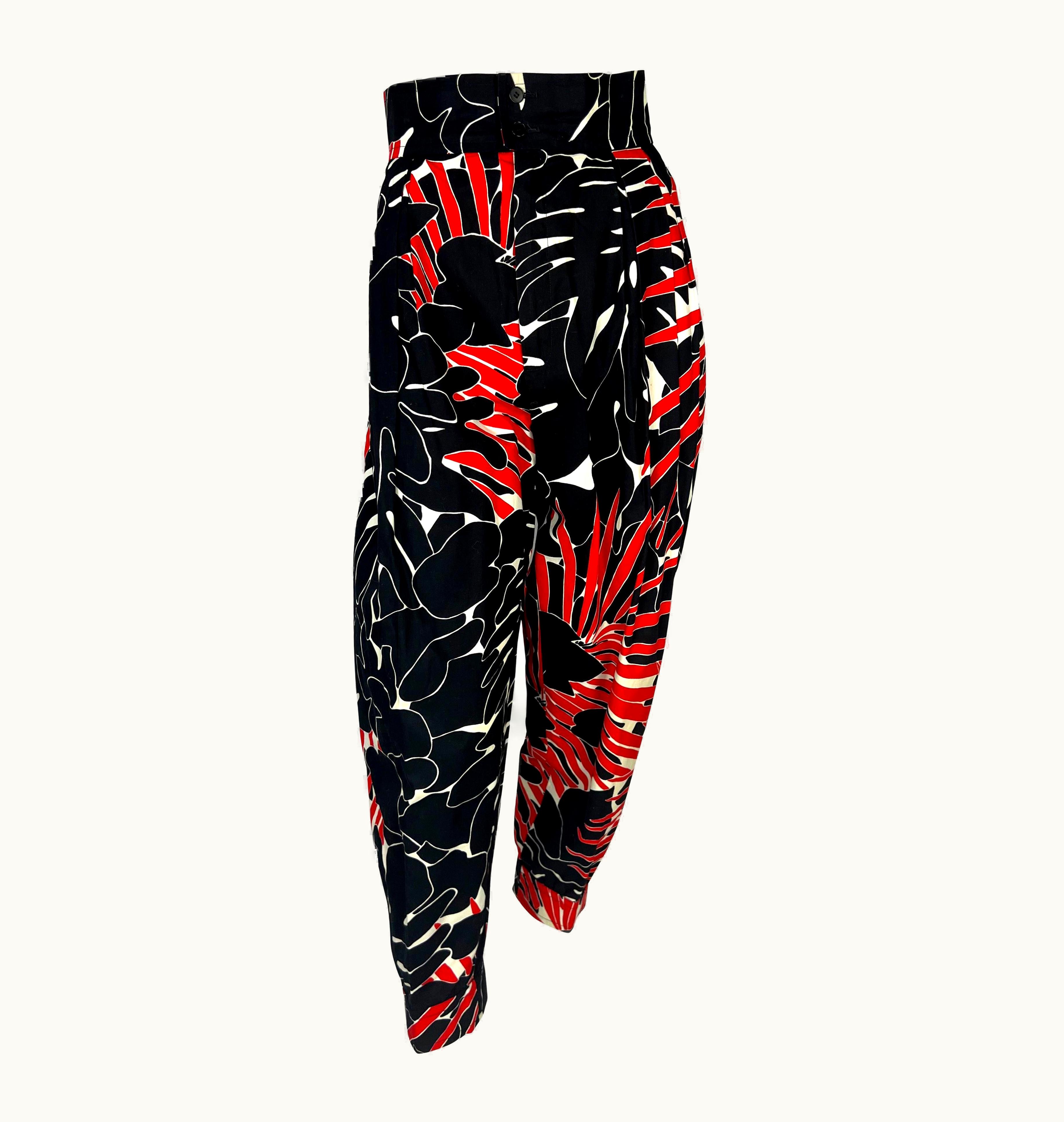 Saint Laurent S/S 1985 Saint Laurent Rive Gauche Runway Black Red Floral Print Wide-Leg Pants