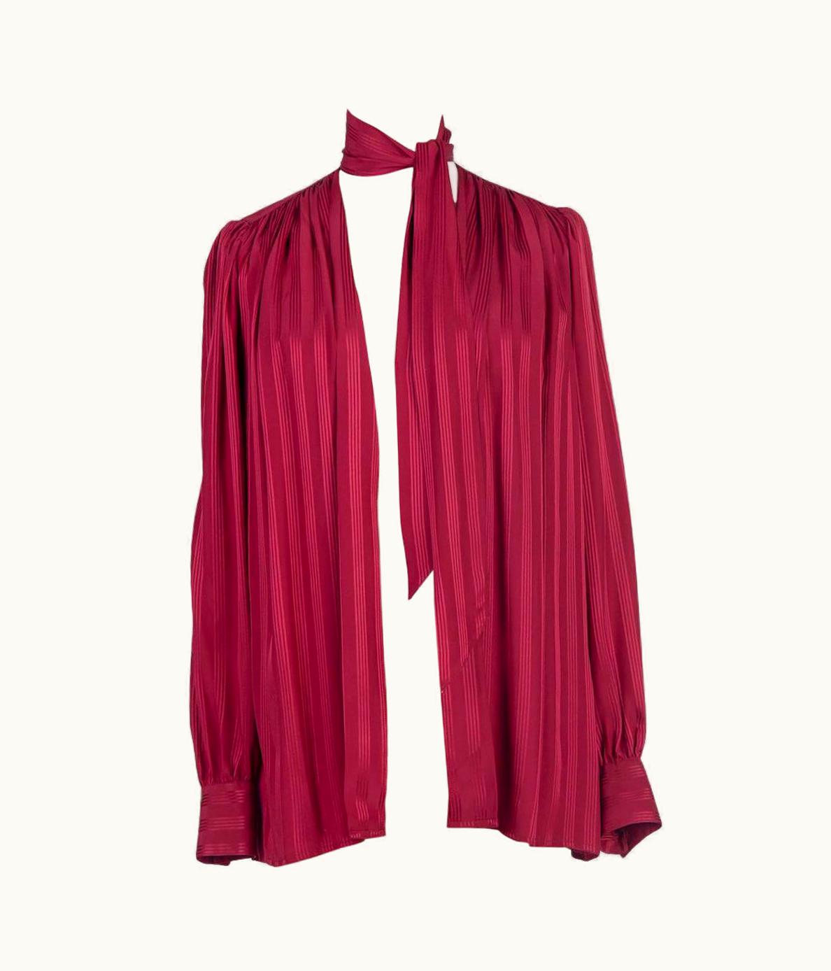 Saint Laurent Yves Saint Laurent YSL Wine Red Silk Tie Neck Open Front Blouse, 1970s/1980s