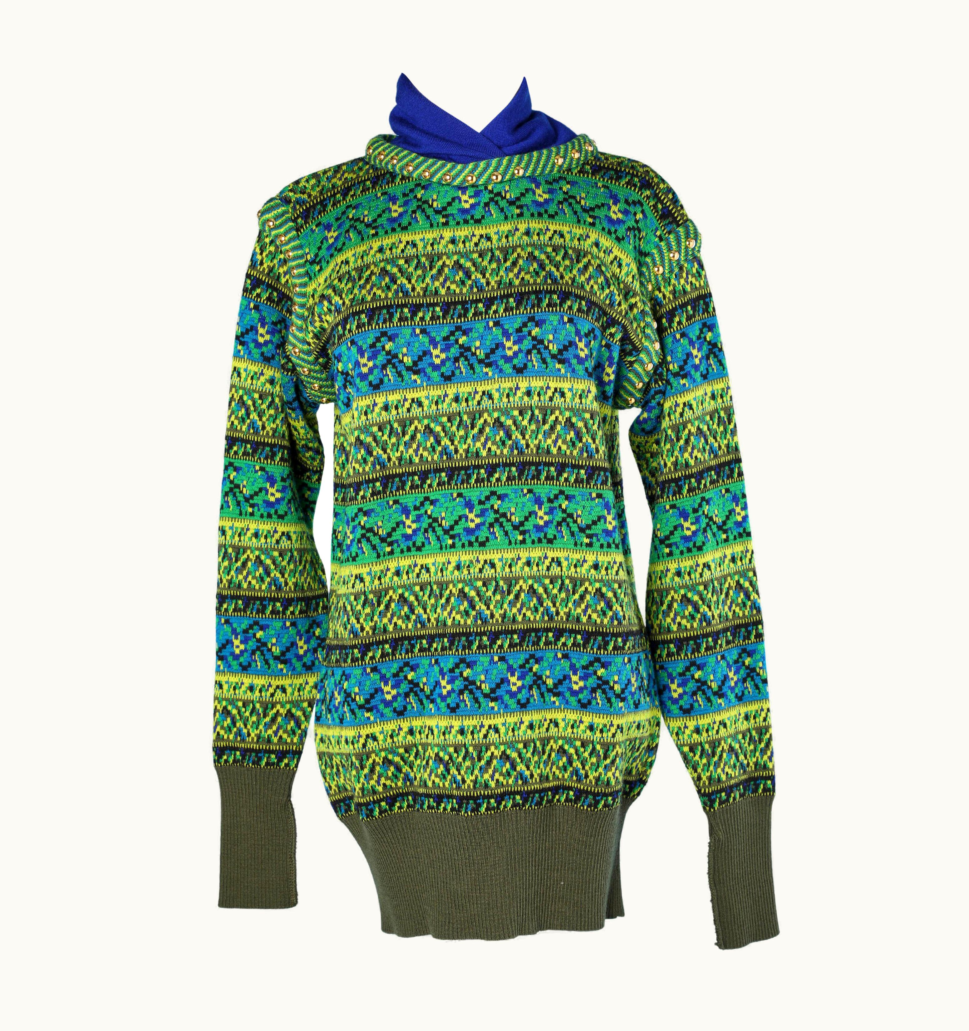 Saint Laurent Blue And Green Jacquard Sweater With Gold Studs Yves Saint Laurent Rive Gauche