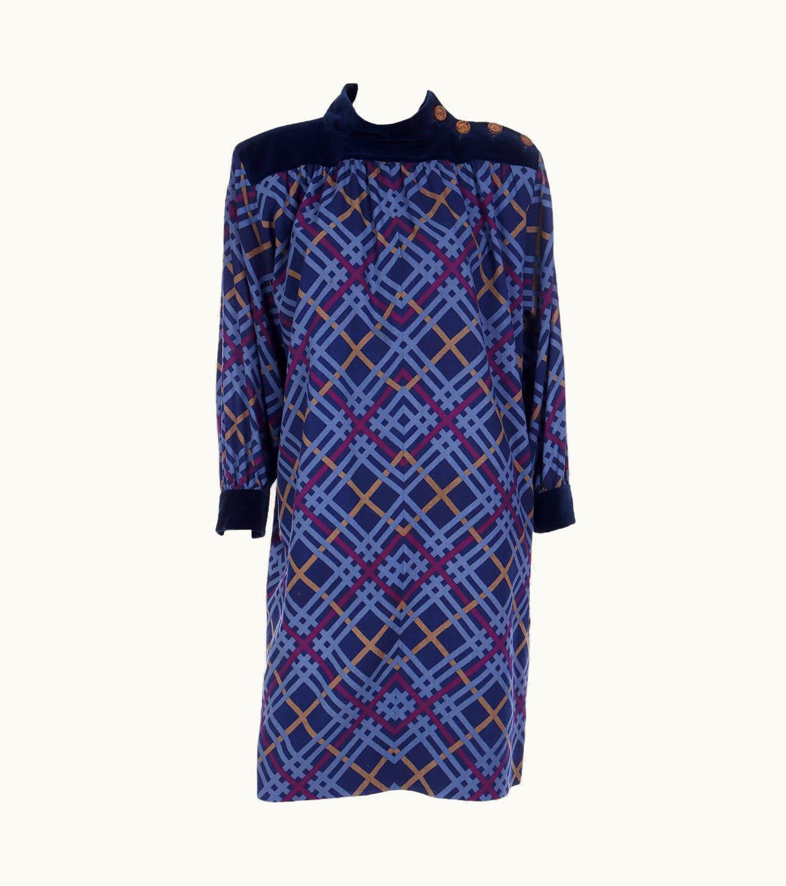 Saint Laurent Yves Saint Laurent 1985 Blue Plaid Wool Challis Runway Dress