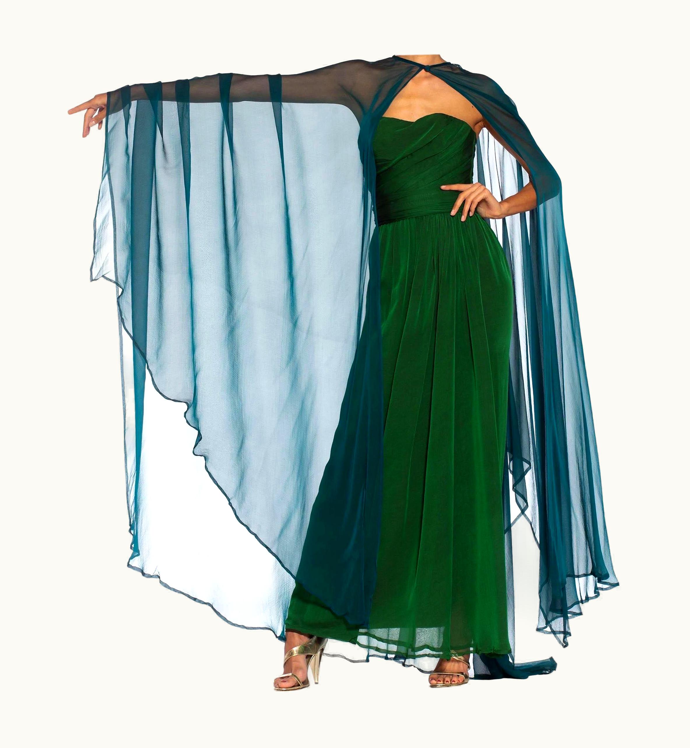 Saint Laurent 1980s Yves Saint Laurent Blue & Green Haute Couture Silk Chiffon Strapless Gown