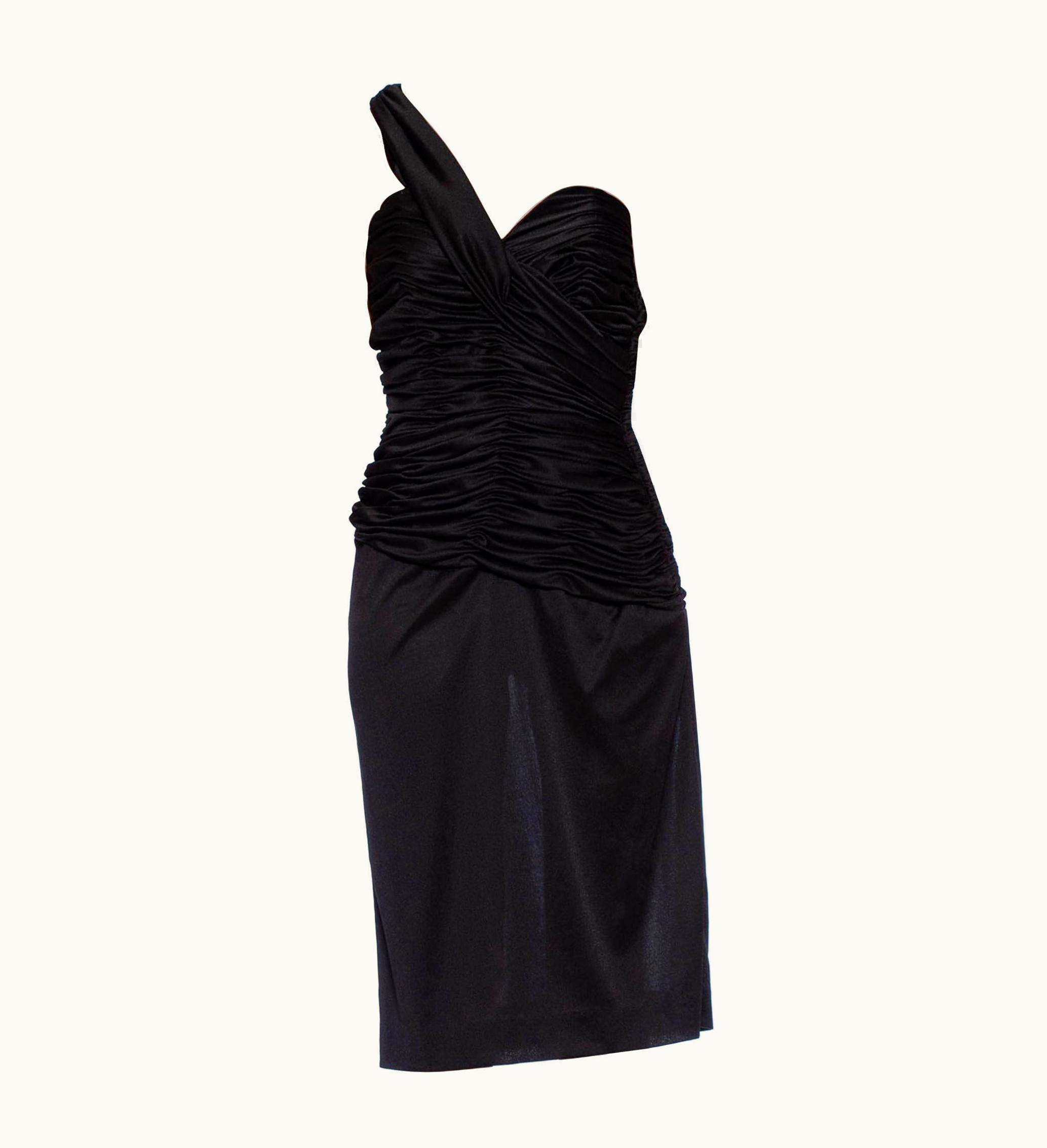 Saint Laurent 1980s Yves Saint Laurent Style Black Polyester Jersey Draped Cocktail Dress