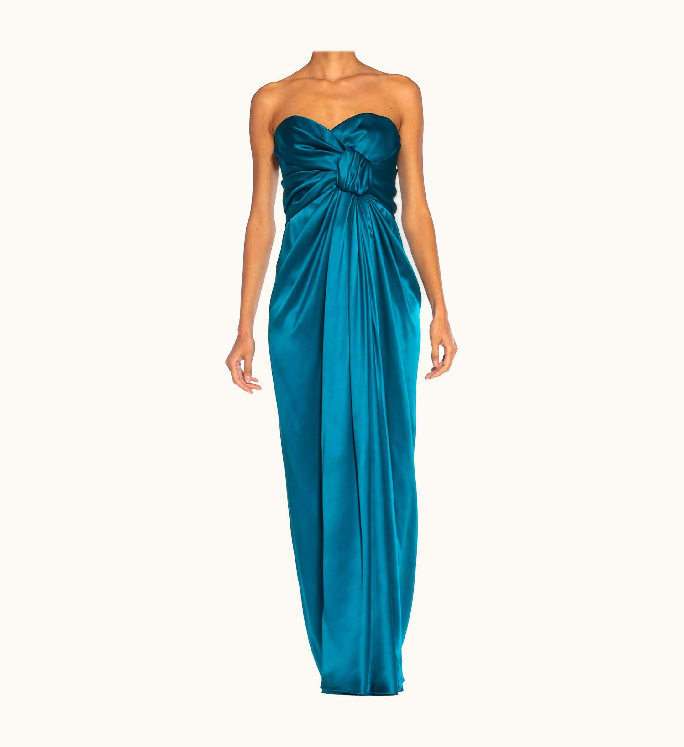 Saint Laurent 1980s Yves Saint Laurent Teal Haute Couture Silk Satin Draped Strpless Gown