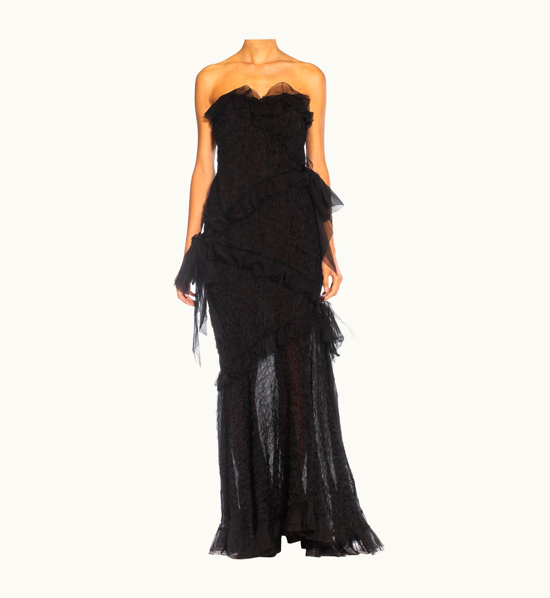 Saint Laurent 1980s Yves Saint Laurent Black Silk Textured Organza Strapless Gown With Chiffo