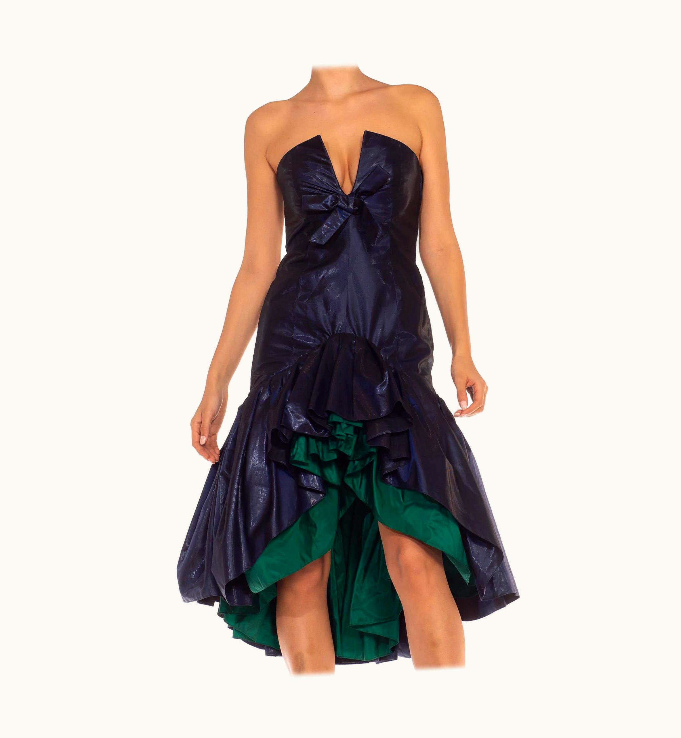 Saint Laurent 1980s Yves Saint Laurent Navy & Green Silk Taffeta Ruffle Tiered Strapless Cock