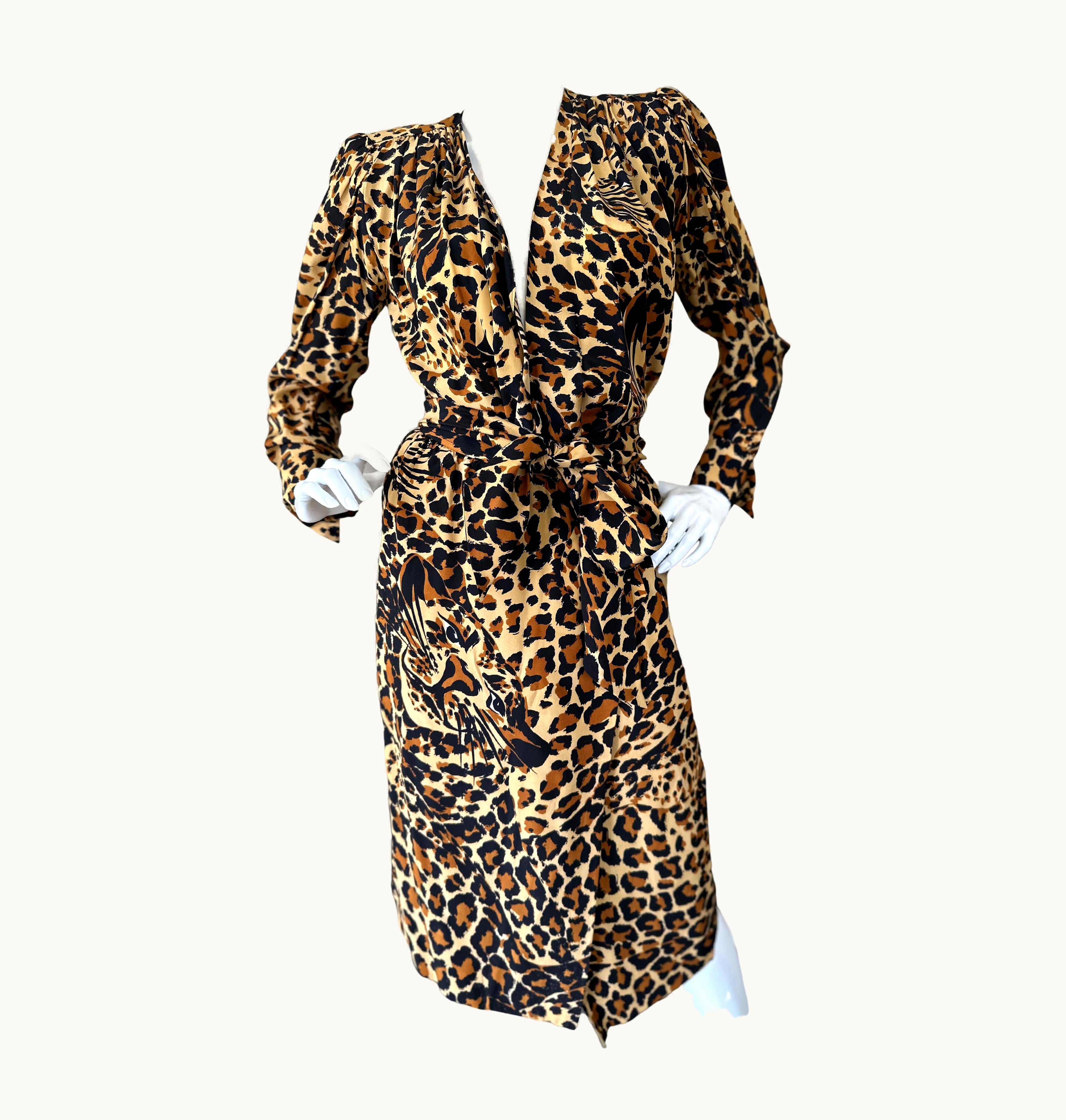 Saint Laurent YSL Rive Gauche Fall 1986 Silk Leopard Print 3 Piece Cocktail Dress
