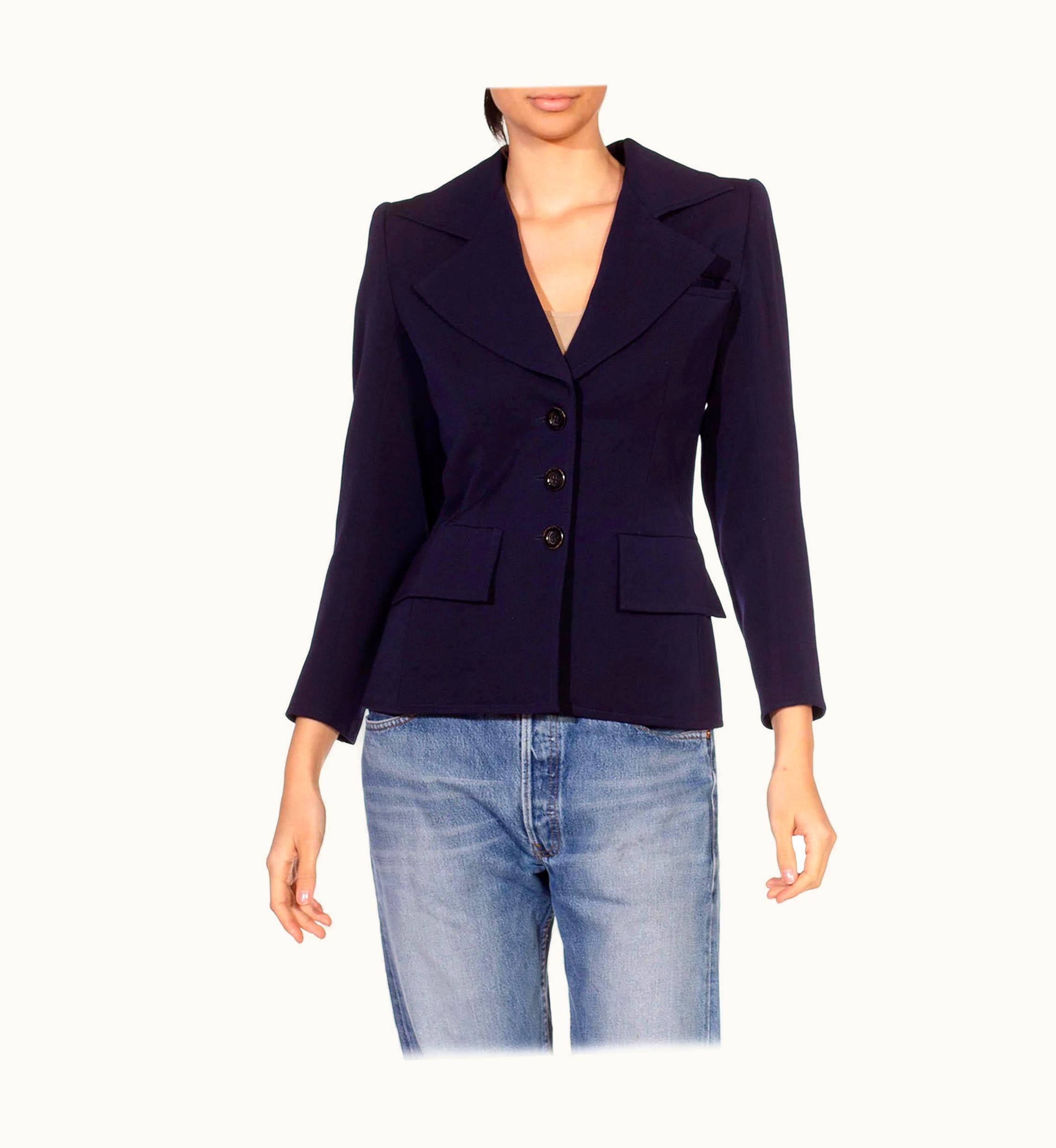 Saint Laurent 1980s Yves Saint Laurent Navy Blue Haute Couture Wool Wide Lapel Blazer