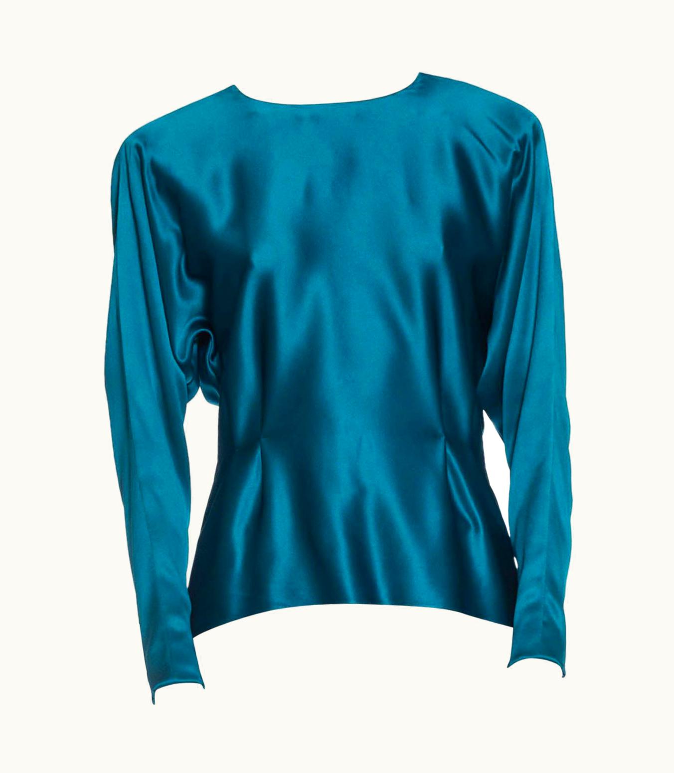 Saint Laurent 1980s Yves Saint Laurent Teal Haute Couture Silk Double Faced Satin Blouse