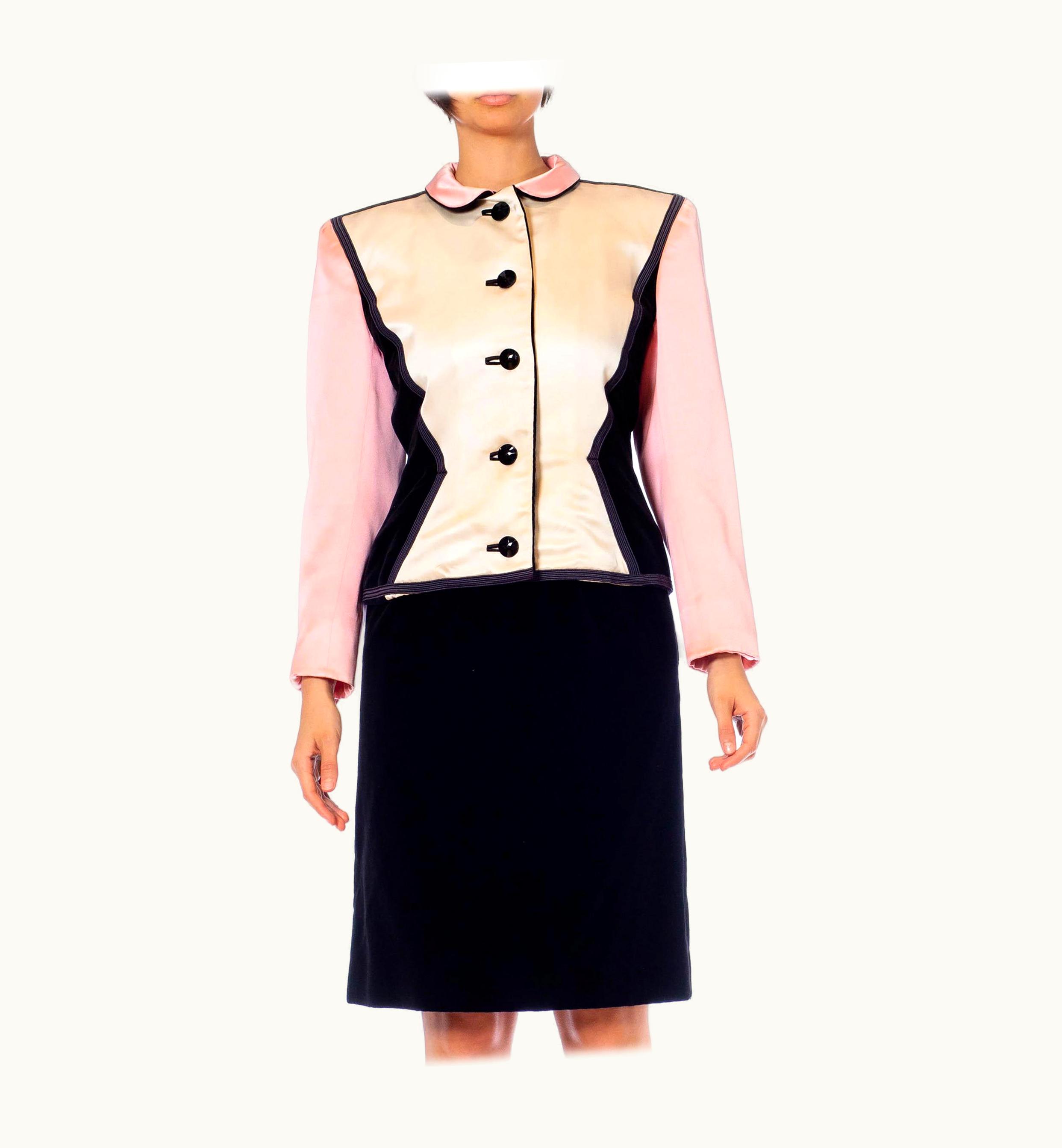 Saint Laurent 1980s Yves Saint Laurent Black & Pink Silk Duchess Satin Velvet Skirt Suit