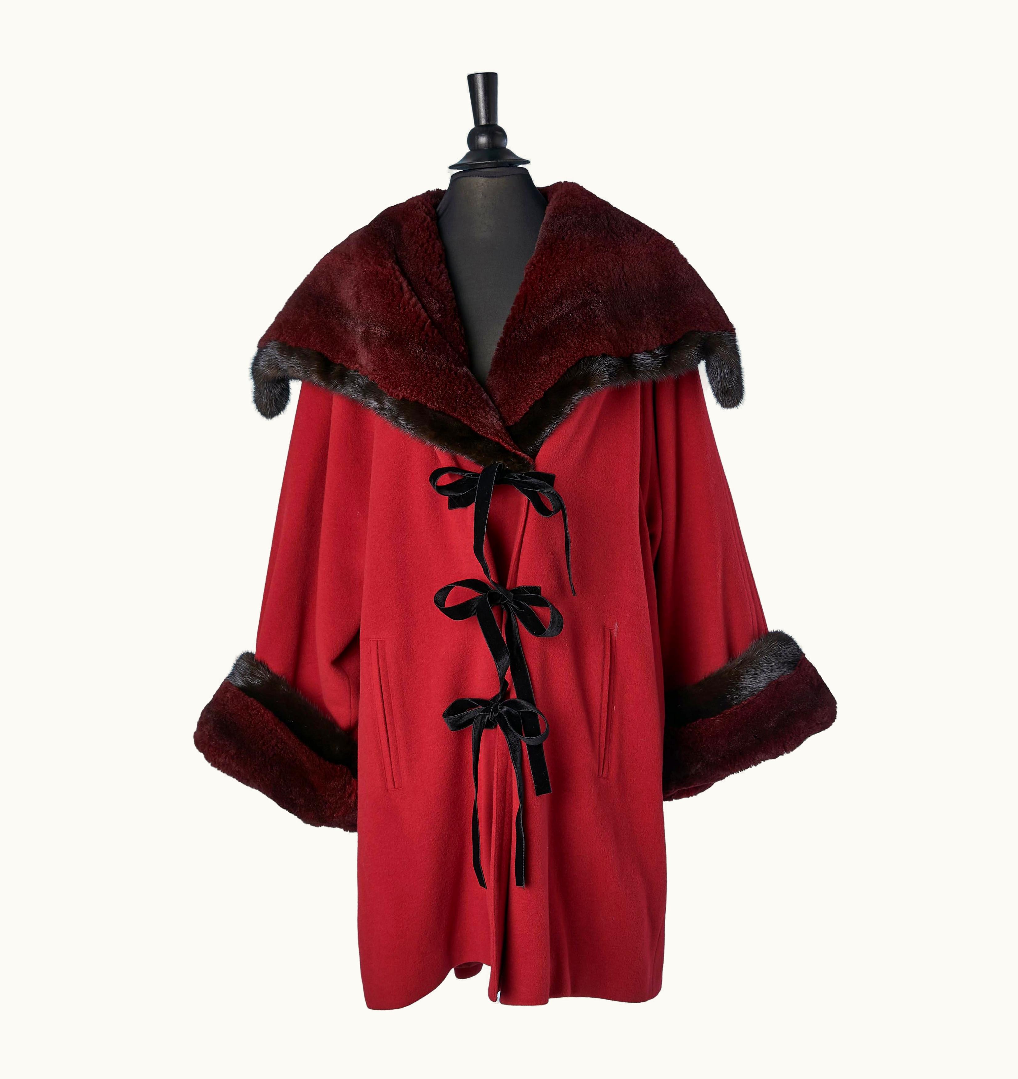 Saint Laurent Double-breasted Red Wool Jacket With Collar And Cuff Furs And Bow YSL Fourrures