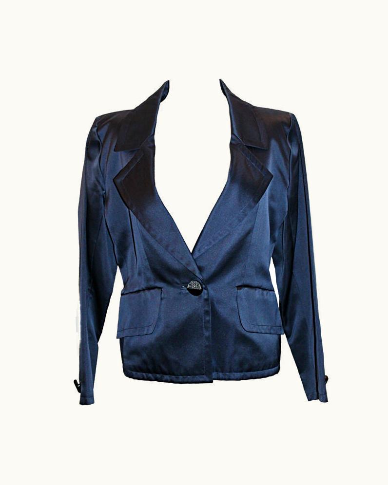 Saint Laurent Vintage YSL Navy Satin Smoking Jacket- Circa 80'