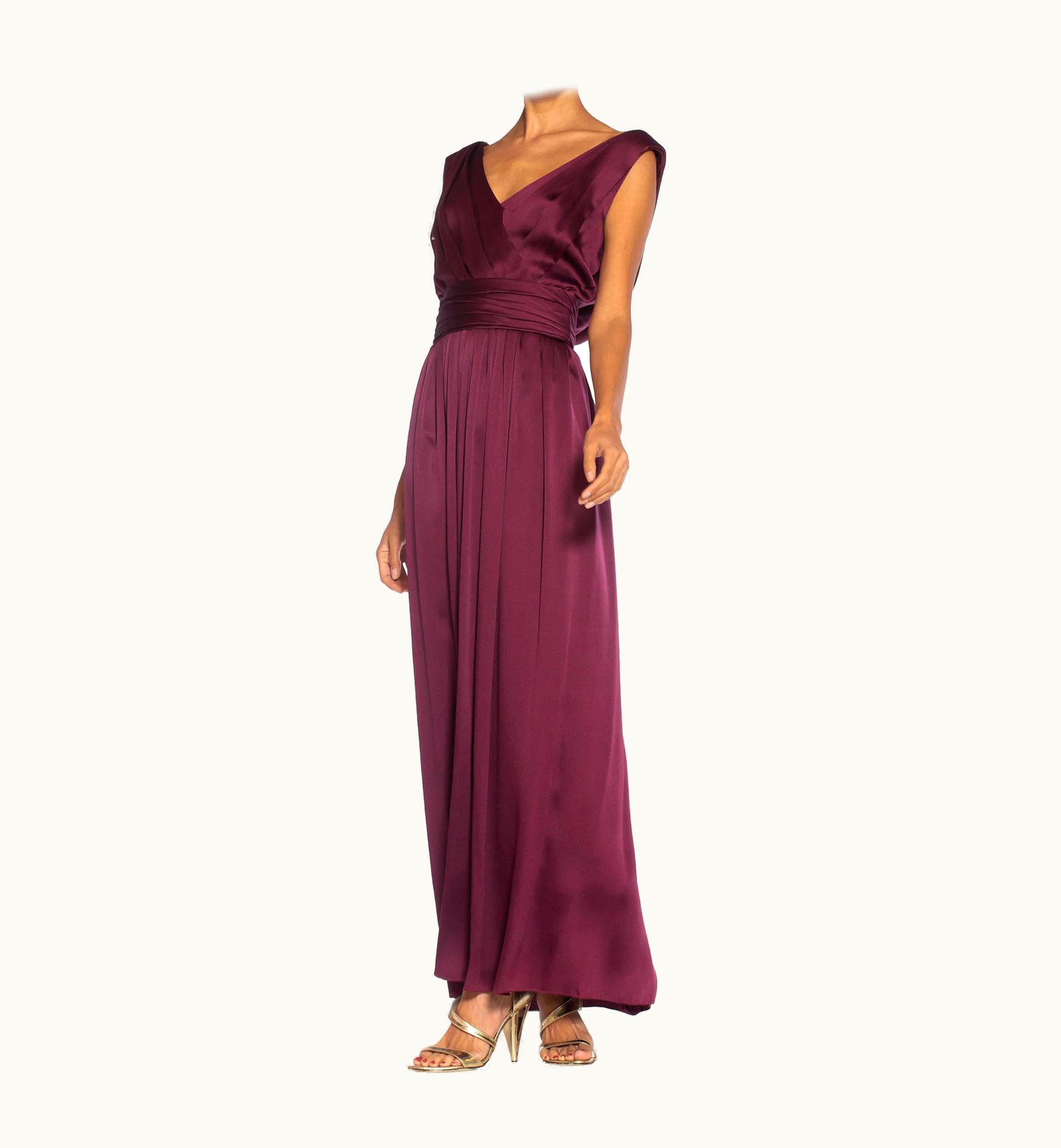 Saint Laurent 1980s Yves Saint Laurent Merlot Haute Couture Silk Satin Draped Gown With Sash
