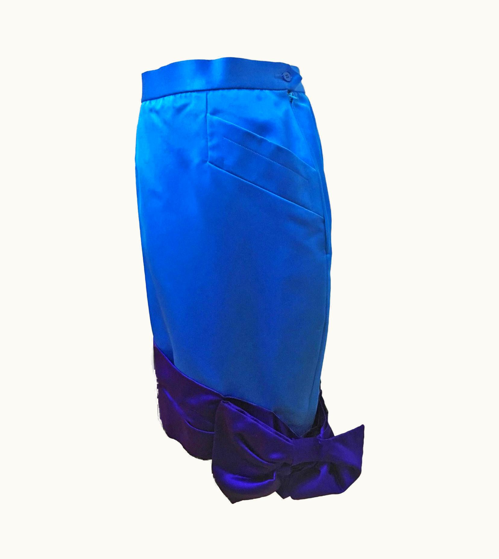 Saint Laurent YSL Rive Gauche Bicolour Royal Blue Satin Skirt With Bow Circa 1985