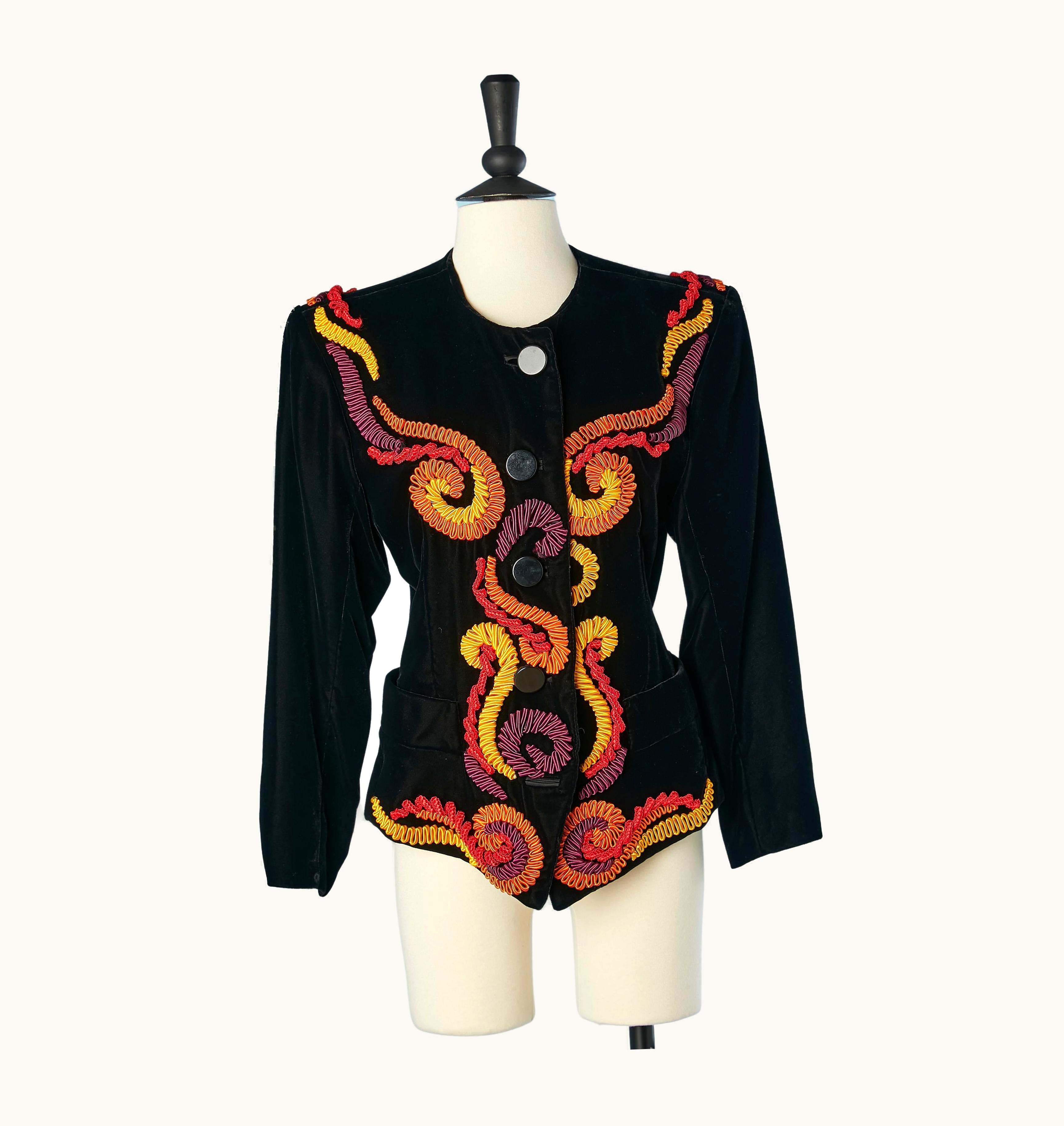 Saint Laurent Black Velvet Jacket With Multicolor Passementerie Embroideries YSL Rive Gauche