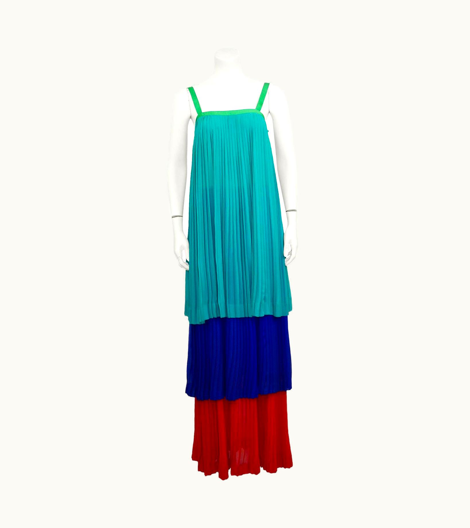Saint Laurent 1980s YSL Rive Gauche Pleated Tricolor Tiered Chiffon Gown