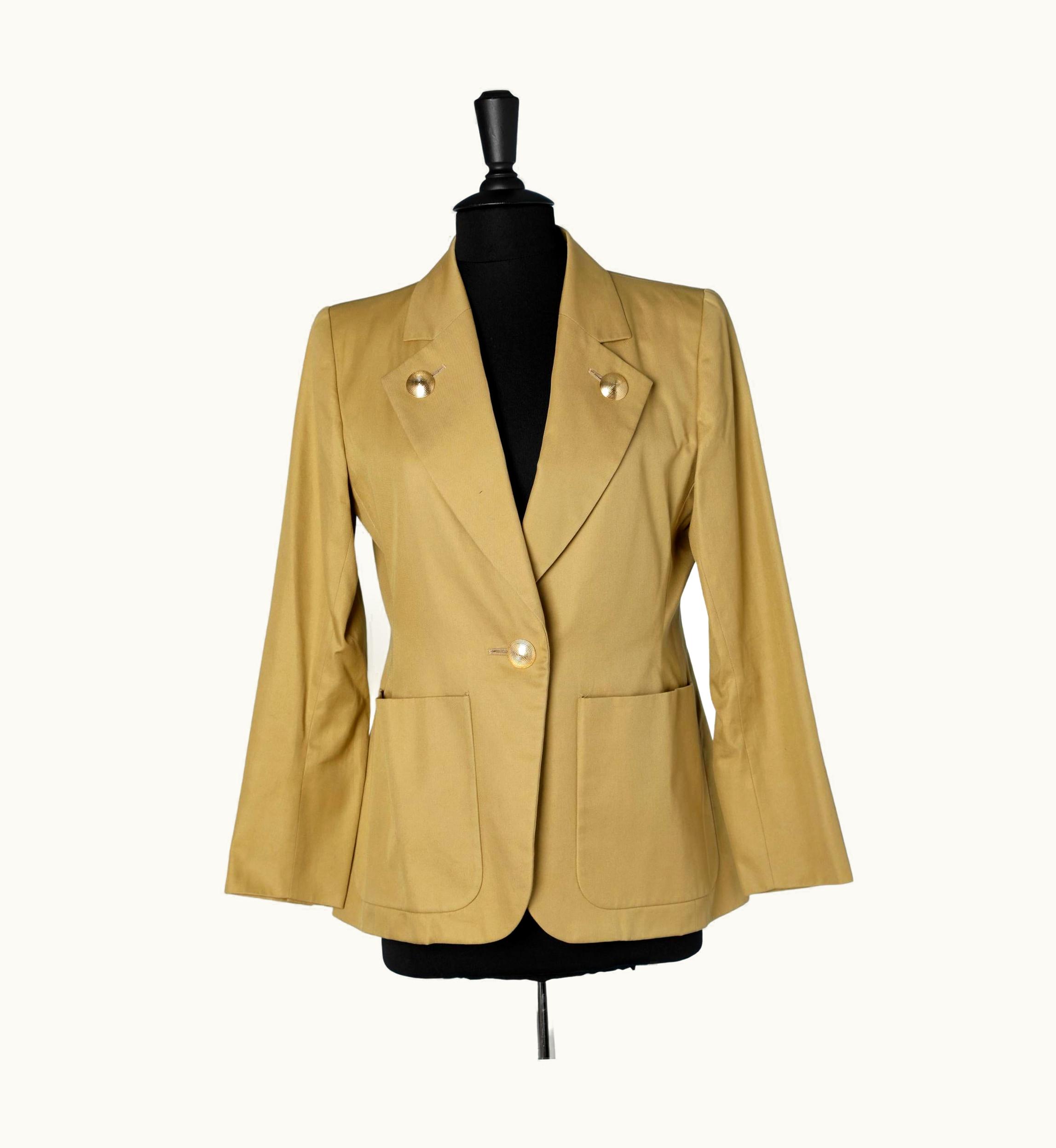 Saint Laurent Mustard Green Cotton Jacket With Gold Metal Buttons YSL Rive Gauche